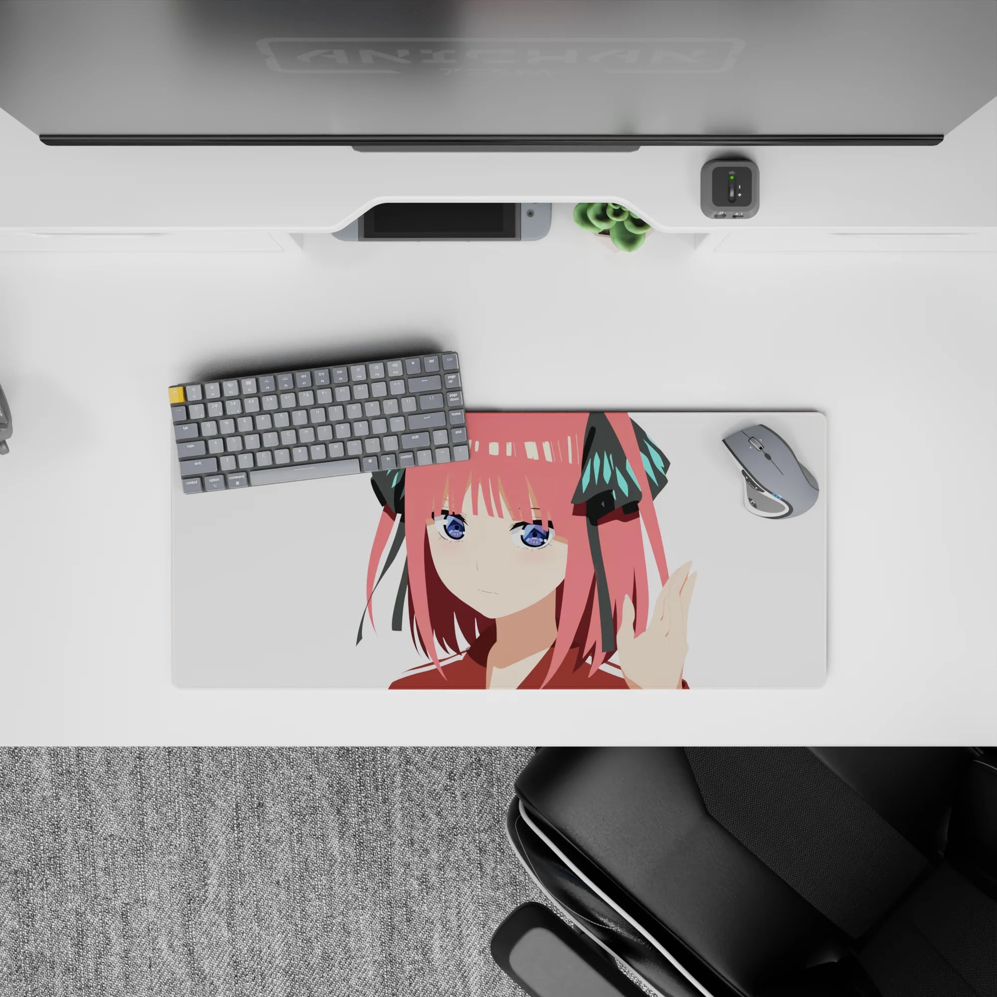 28x12 inches kawaii desk mouse pad in candy pink and crisp white with classy teal, cute smug vibe.