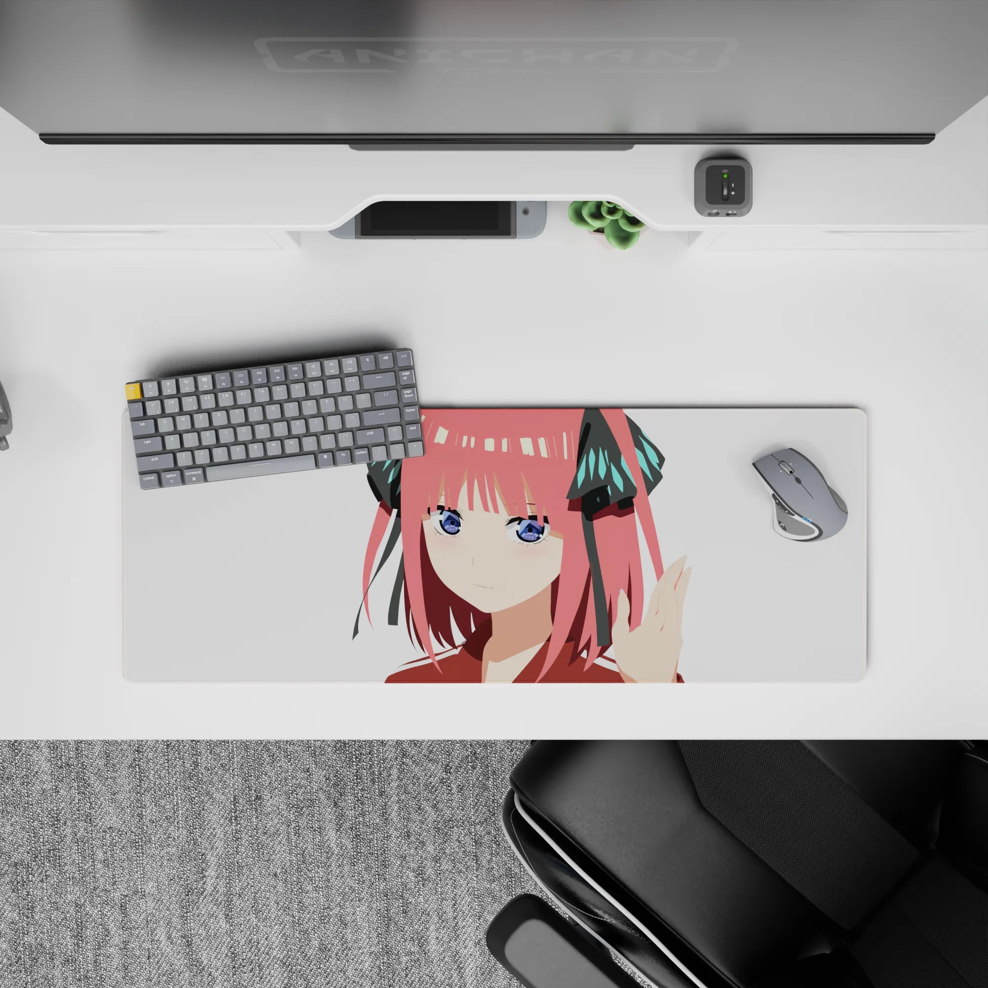 32x12 inches kawaii mouse pad in candy pink and crisp white, clean contrast with black ribbons and teal.