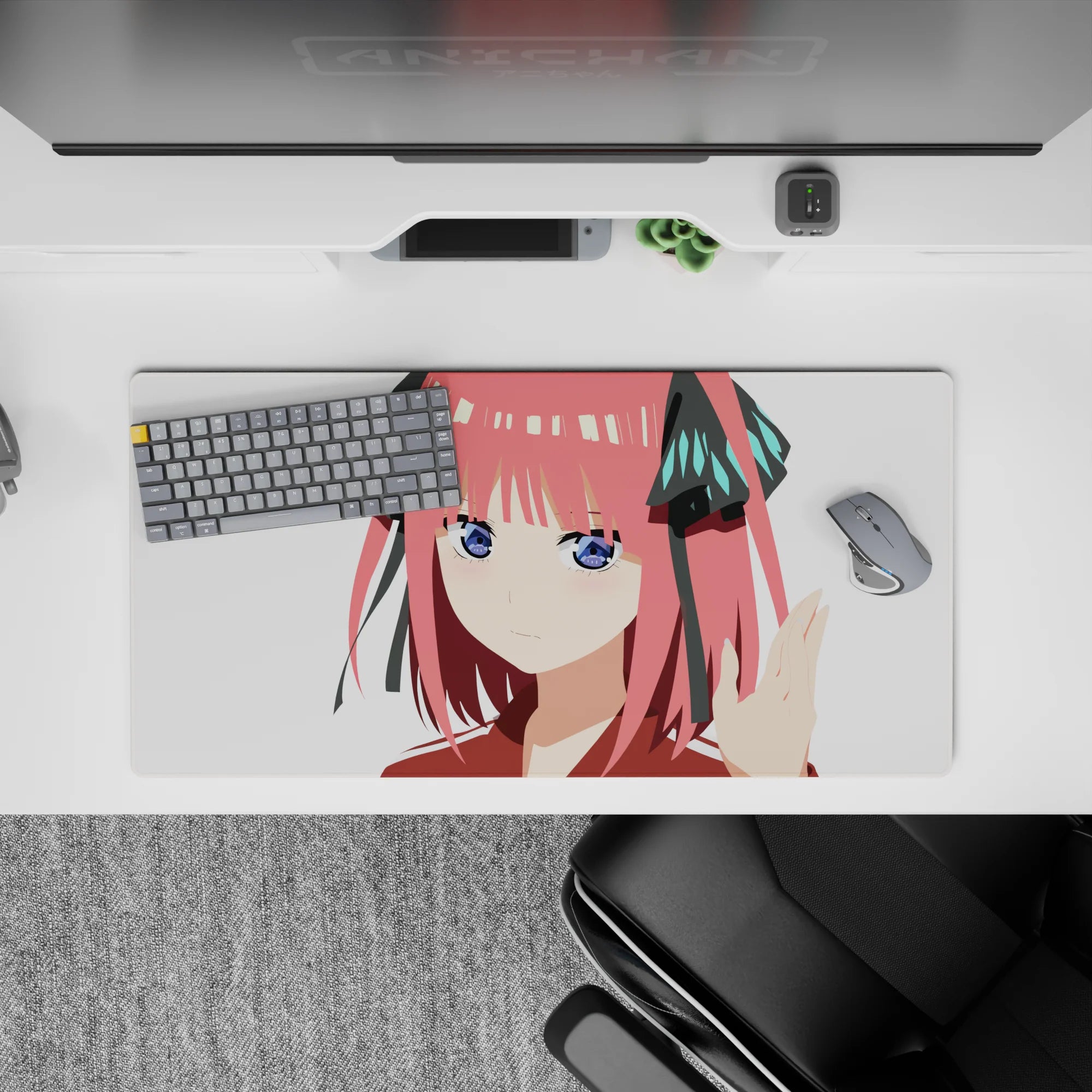 32x16 inches anime girl mouse pad in candy pink, white, black ribbons and teal accents, sweet smug vibe.