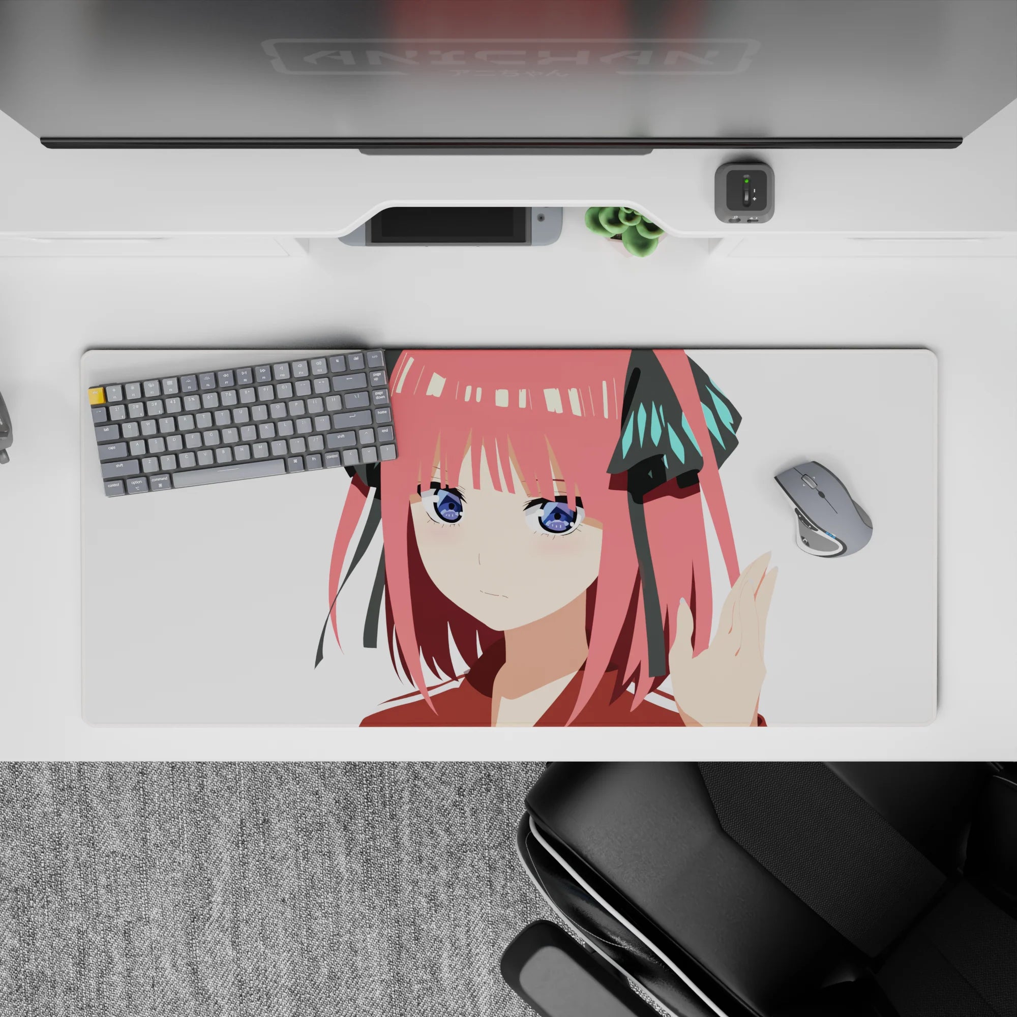 36x16 inches anime desk pad in candy pink, black ribbons and teal accents, cute classy vibe for gaming.