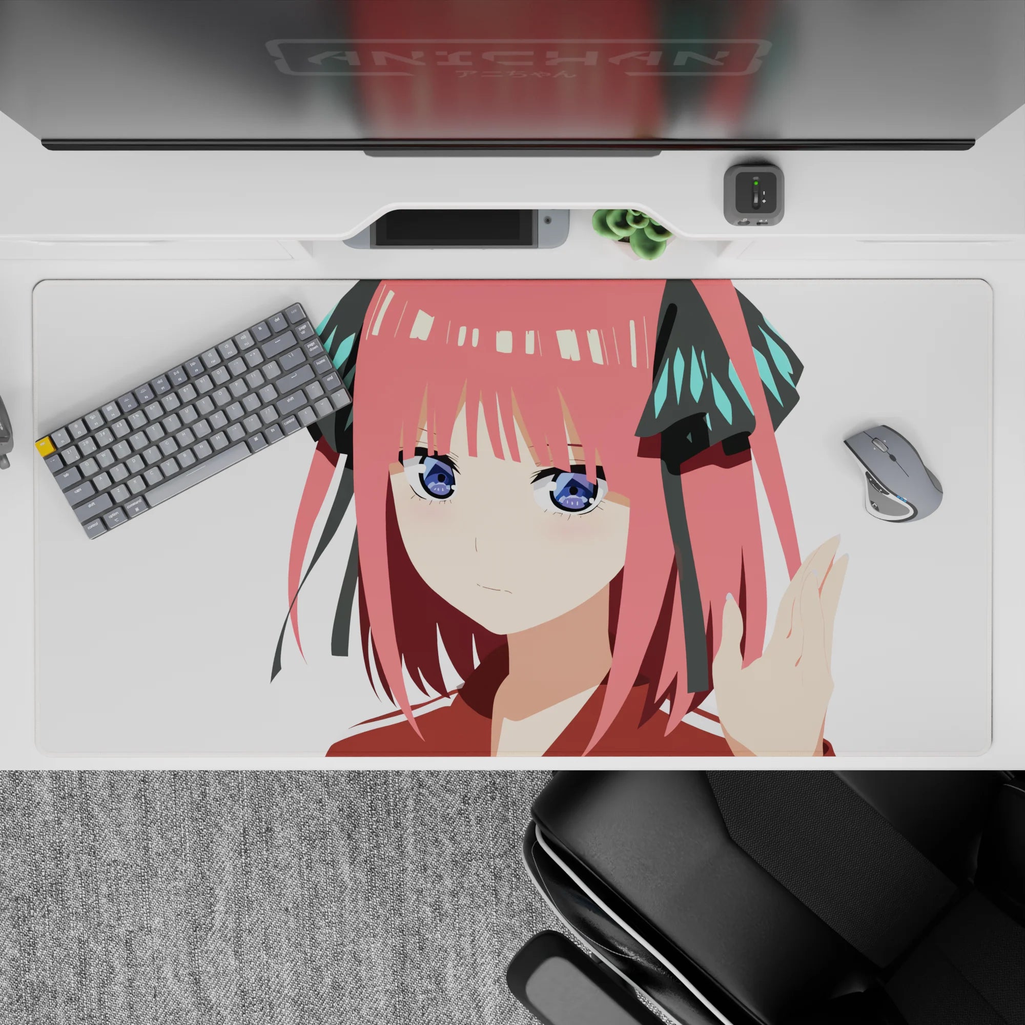40x20 inches desk pad in candy pink, crisp white, teal and black, cute smug anime vibe for gaming.