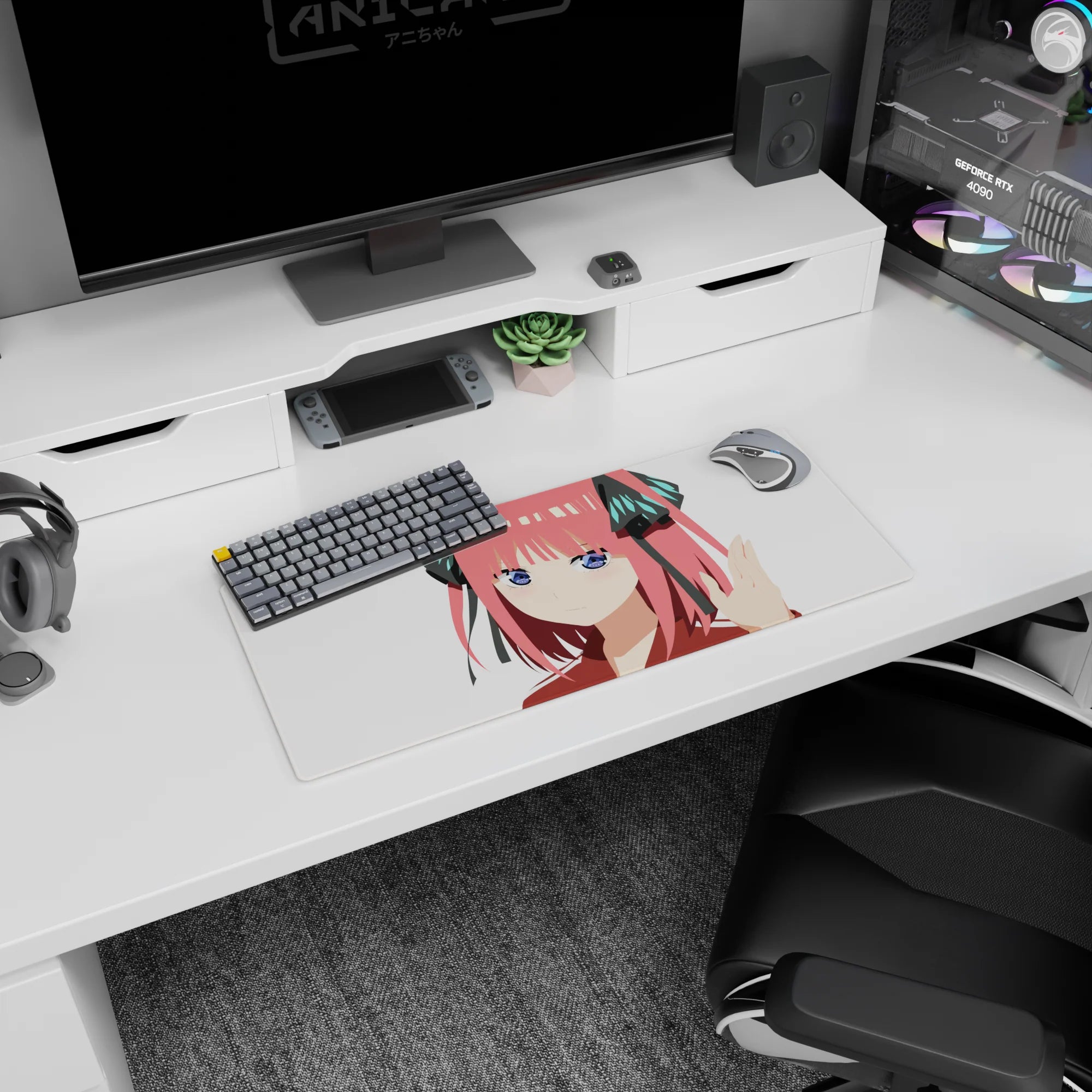 28x12 inches The Quintessential Quintuplets mouse pad featuring Nino Nakano staring sweet and smug.