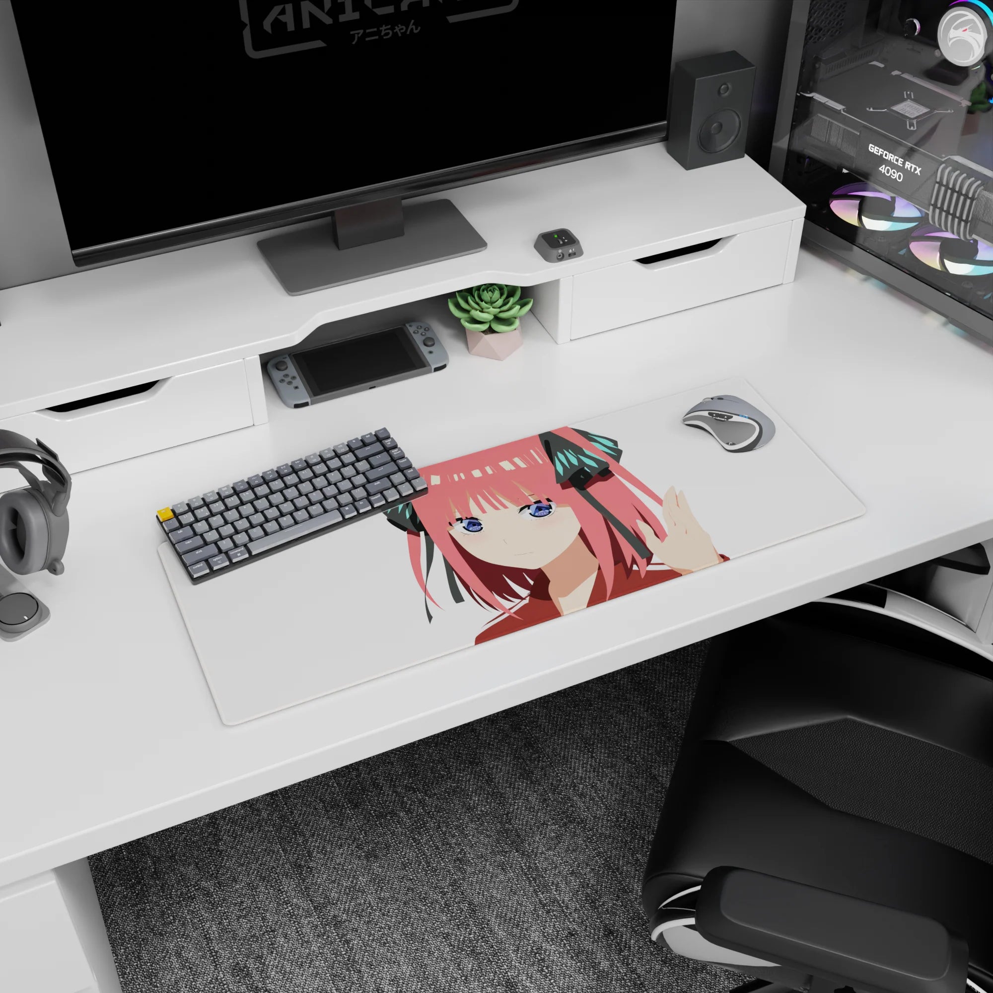 32x12 inches The Quintessential Quintuplets mouse pad featuring Nino Nakano sweetly smug at your desk.