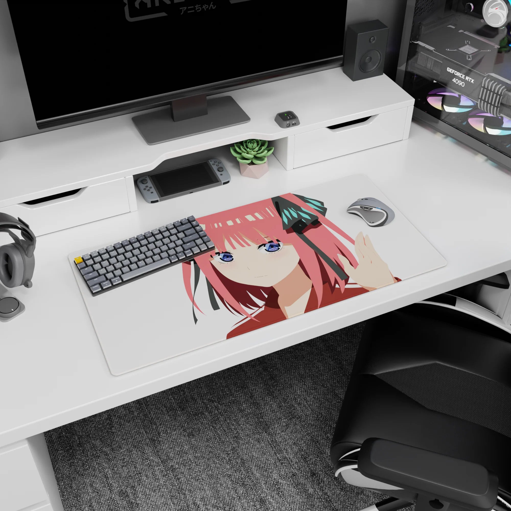 32x16 inches anime girl mouse pad featuring Nino Nakano staring sweetly and smugly at your desk setup.