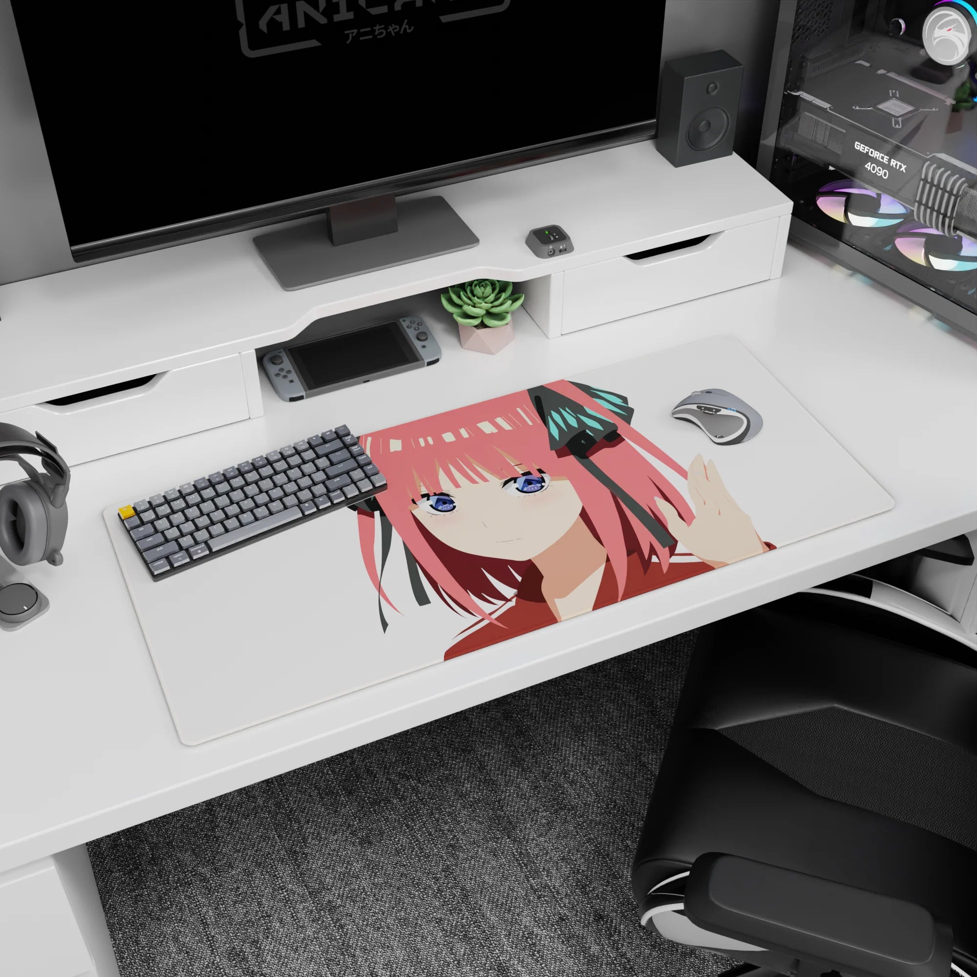 36x16 inches Nino Nakano desk pad, sweet smug expression, pink hair, black bows, perfect for work setup.