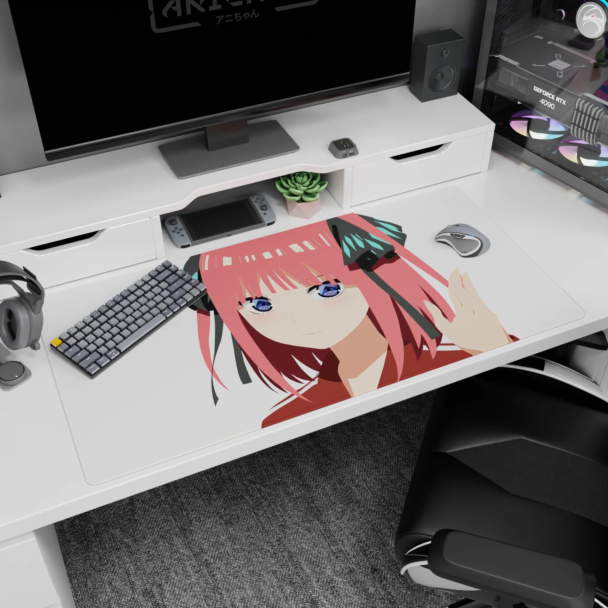 40x20 inches anime desk pad featuring Nino Nakano from The Quintessential Quintuplets, sweet and smug pose.