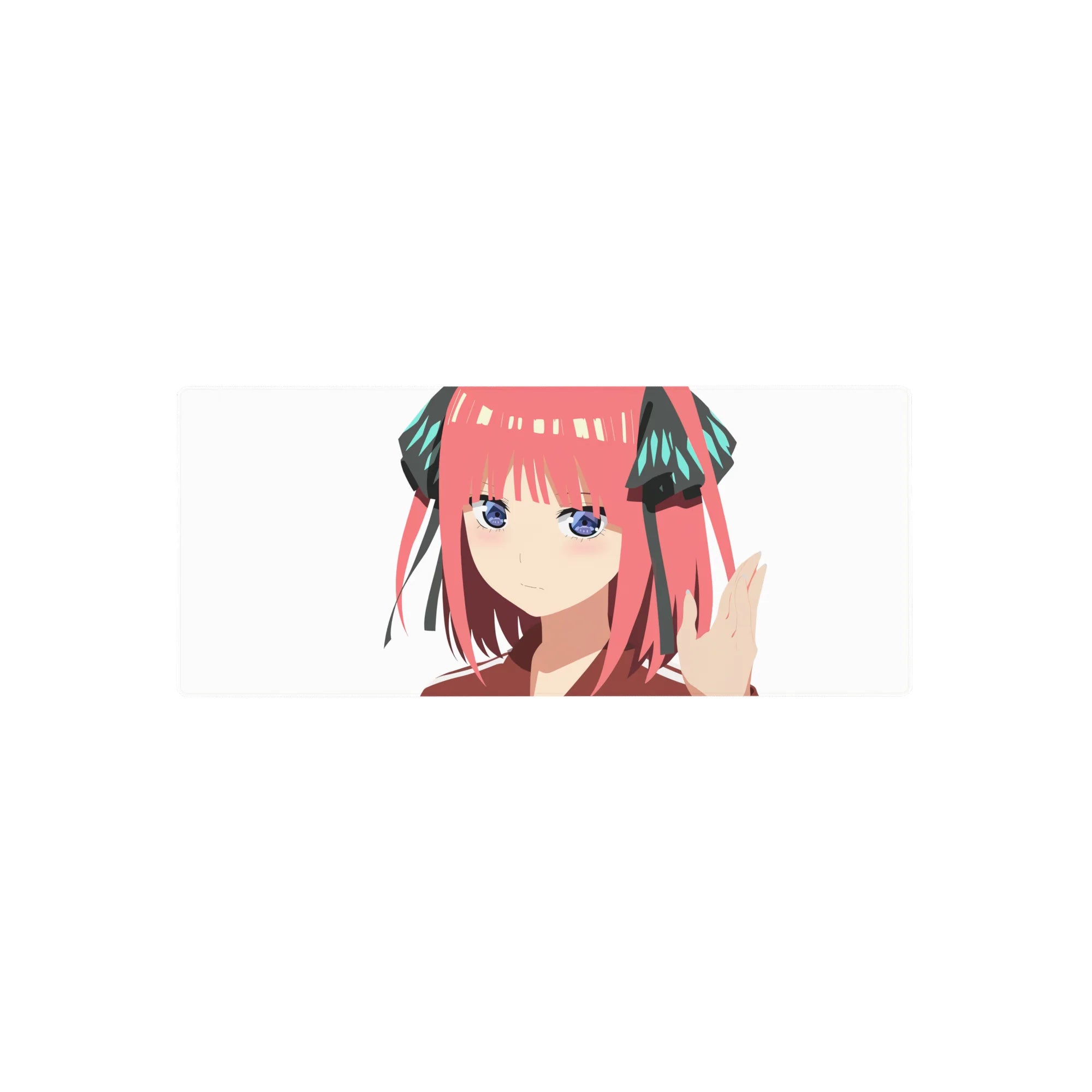 28x12 inches anime girl mouse pad with Nino-style pink hair, white background, black ribbons and teal accents.
