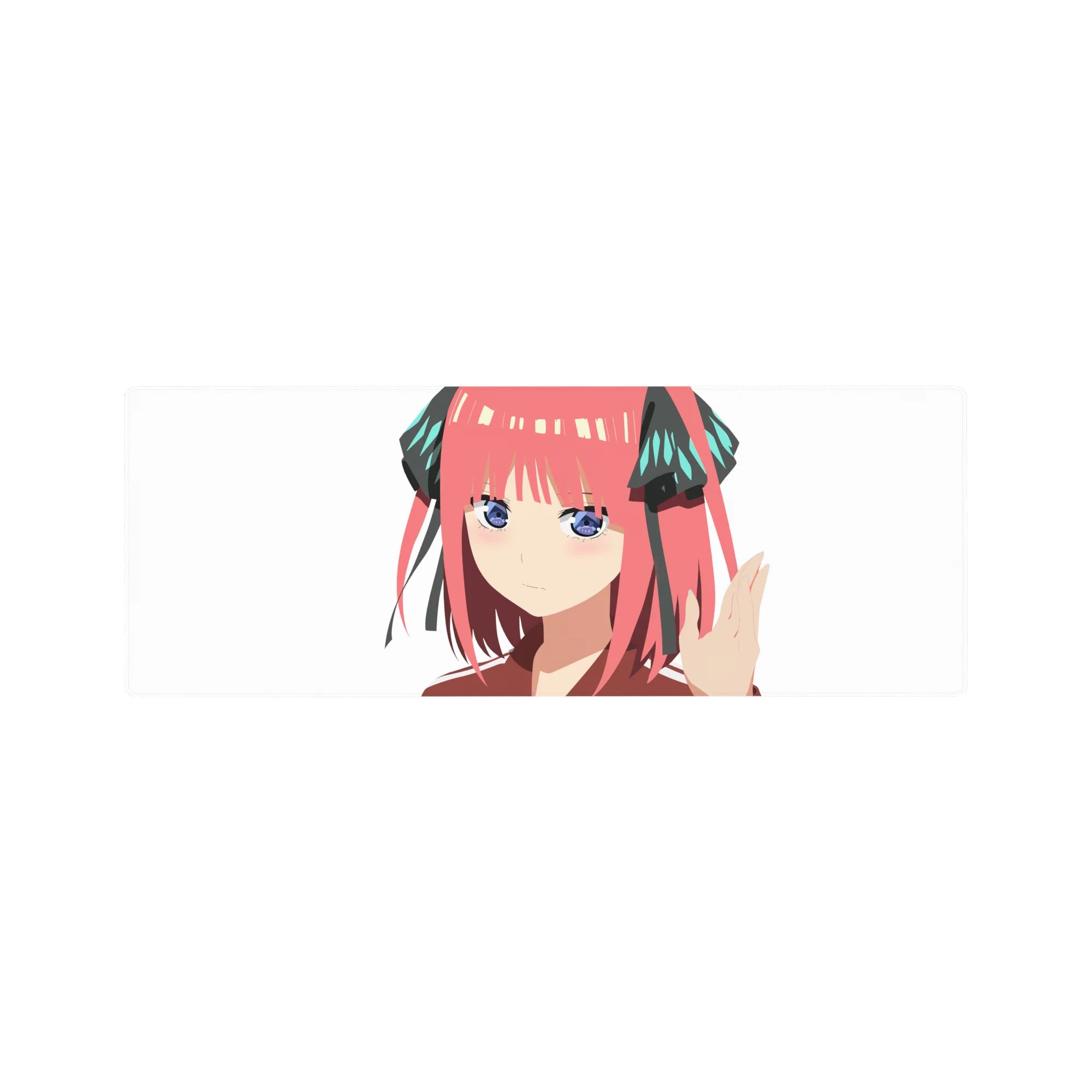 32x12 inches anime girl desk mouse pad with pink-haired Nino, white background, ribbons and teal accents.