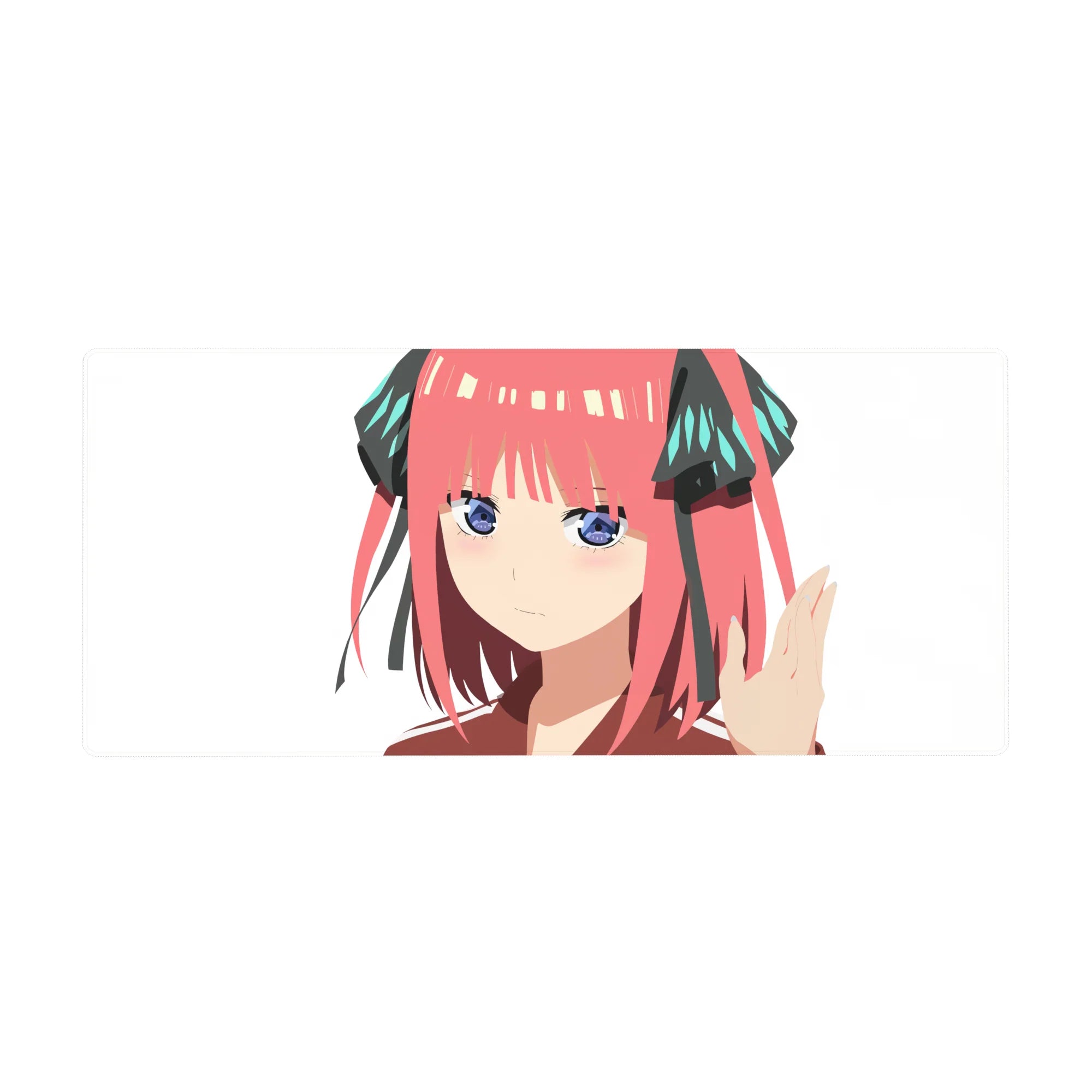 36x16 inches anime girl desk pad with Nino-style smug stare, clean white background and sleek accents.