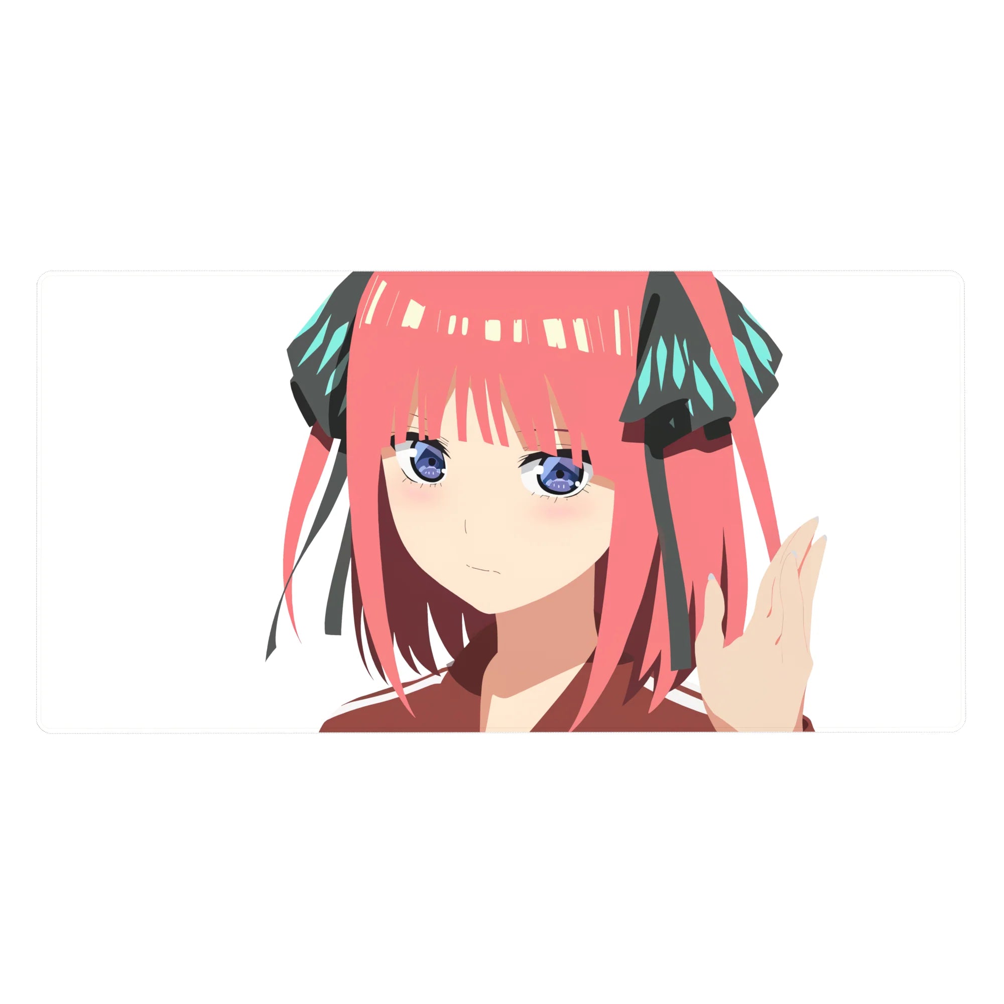 40x20 inches anime girl desk pad with Nino-style pink hair, white background, black ribbons and teal accents.