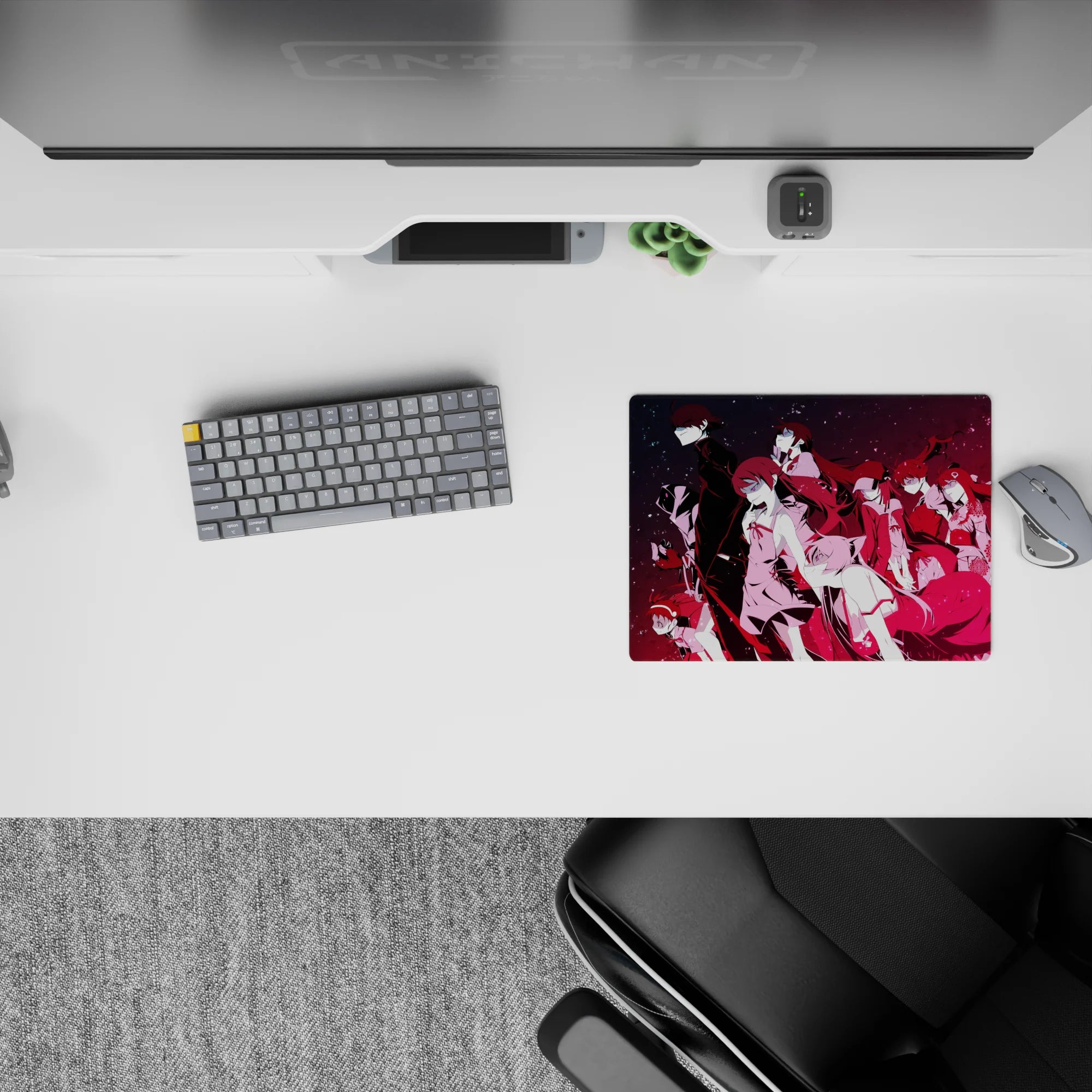 Neon-night anime mouse pad 14x10 inches in ink-black to hot magenta gradient, calm fearless vibe, cinematic glow.