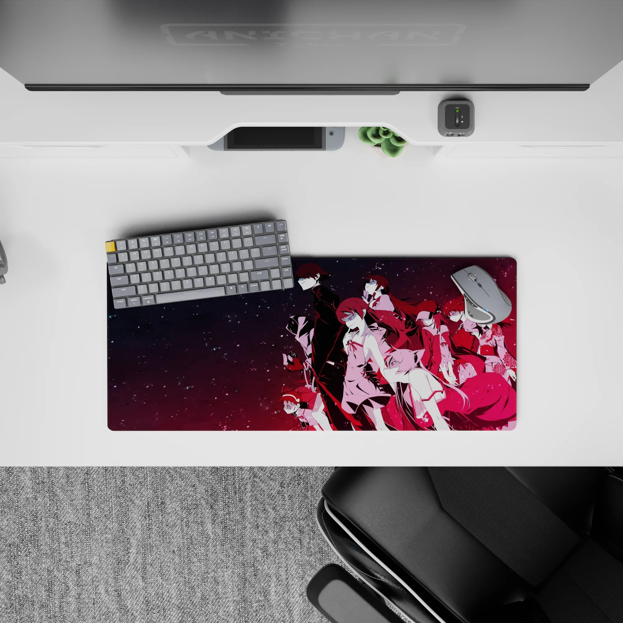 Neon-night anime mouse pad 28x12 inches in ink-black to hot magenta, star-dusted, calm fearless vibe.