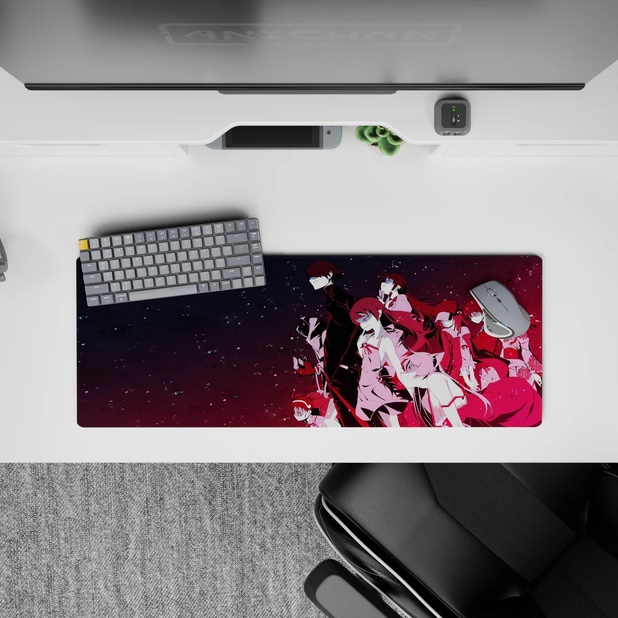 Anime mouse pad 32x12 inches in ink-black to hot magenta starfield, calm fearless vibe.