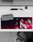Anime mouse pad 32x12 inches in ink-black to hot magenta starfield, calm fearless vibe.