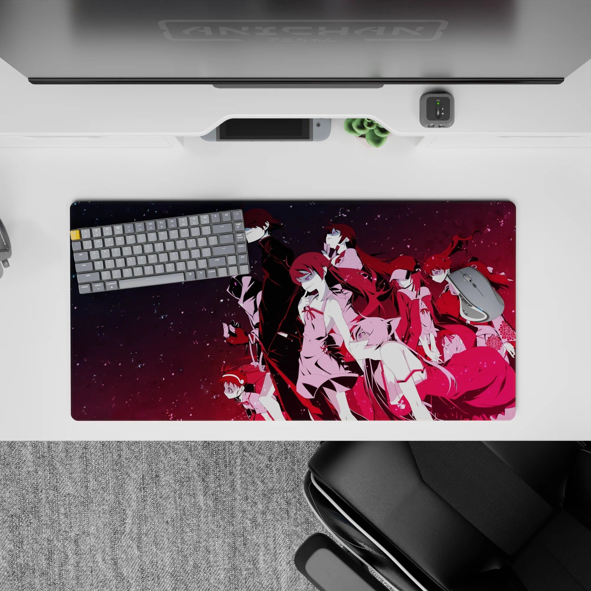 32x16 inches anime mouse pad in ink-black to hot magenta gradient, cinematic glow, calm fearless vibe.