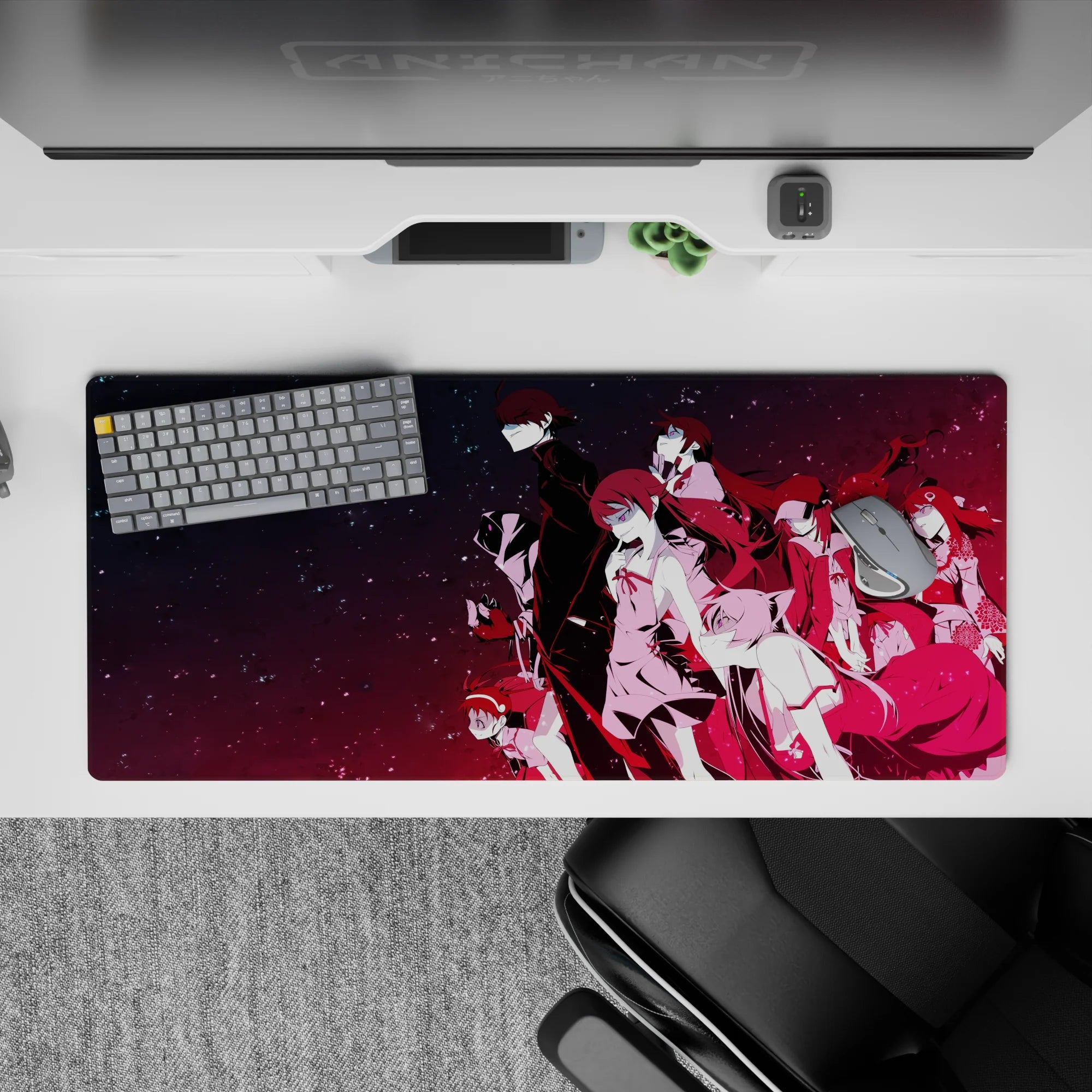 Neon-night anime desk pad 36x16 inches in ink-black to hot magenta glow with star-dusted void.