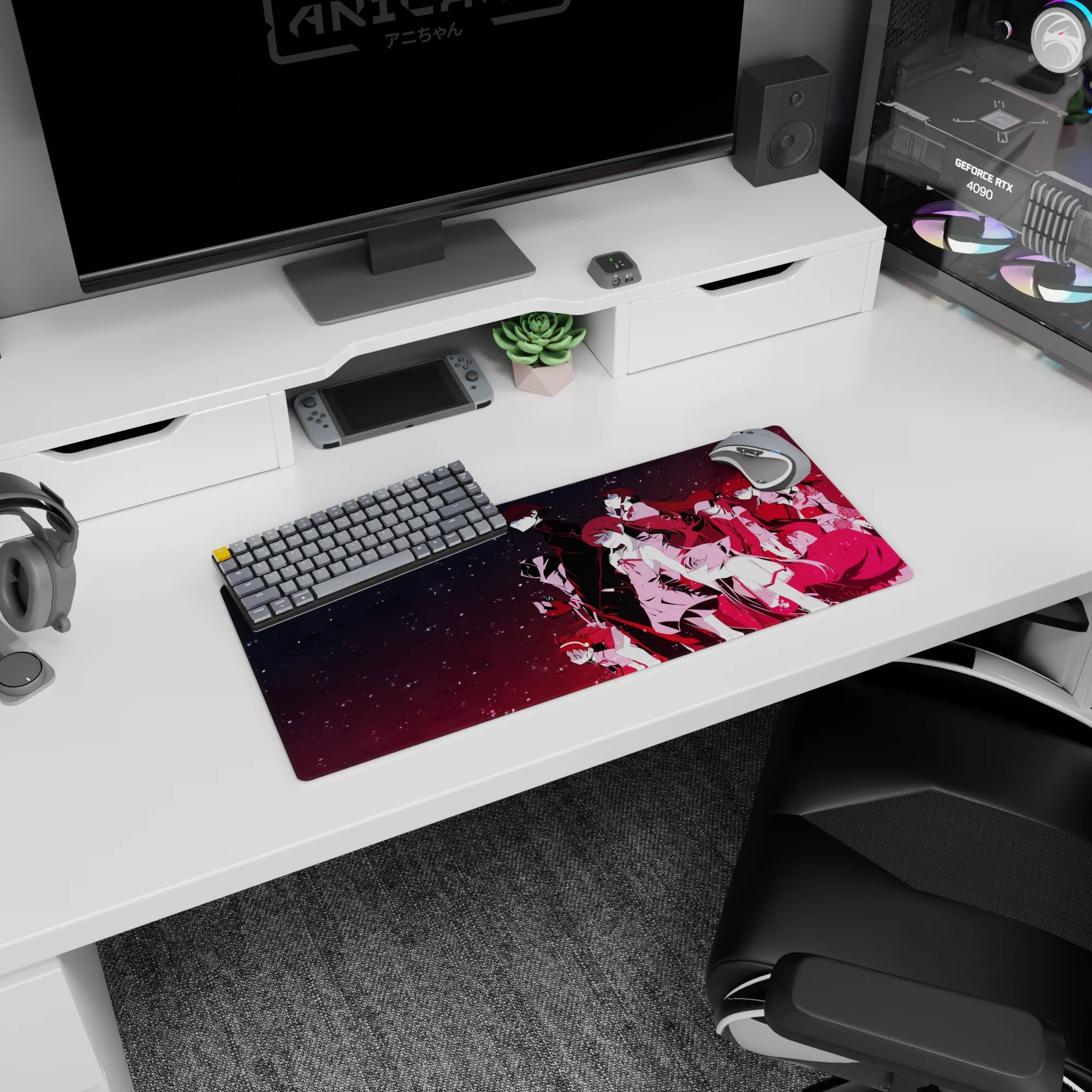 Anime mouse pad 28x12 inches showing a neon-lit lineup of uniformed characters posed in a starry void.