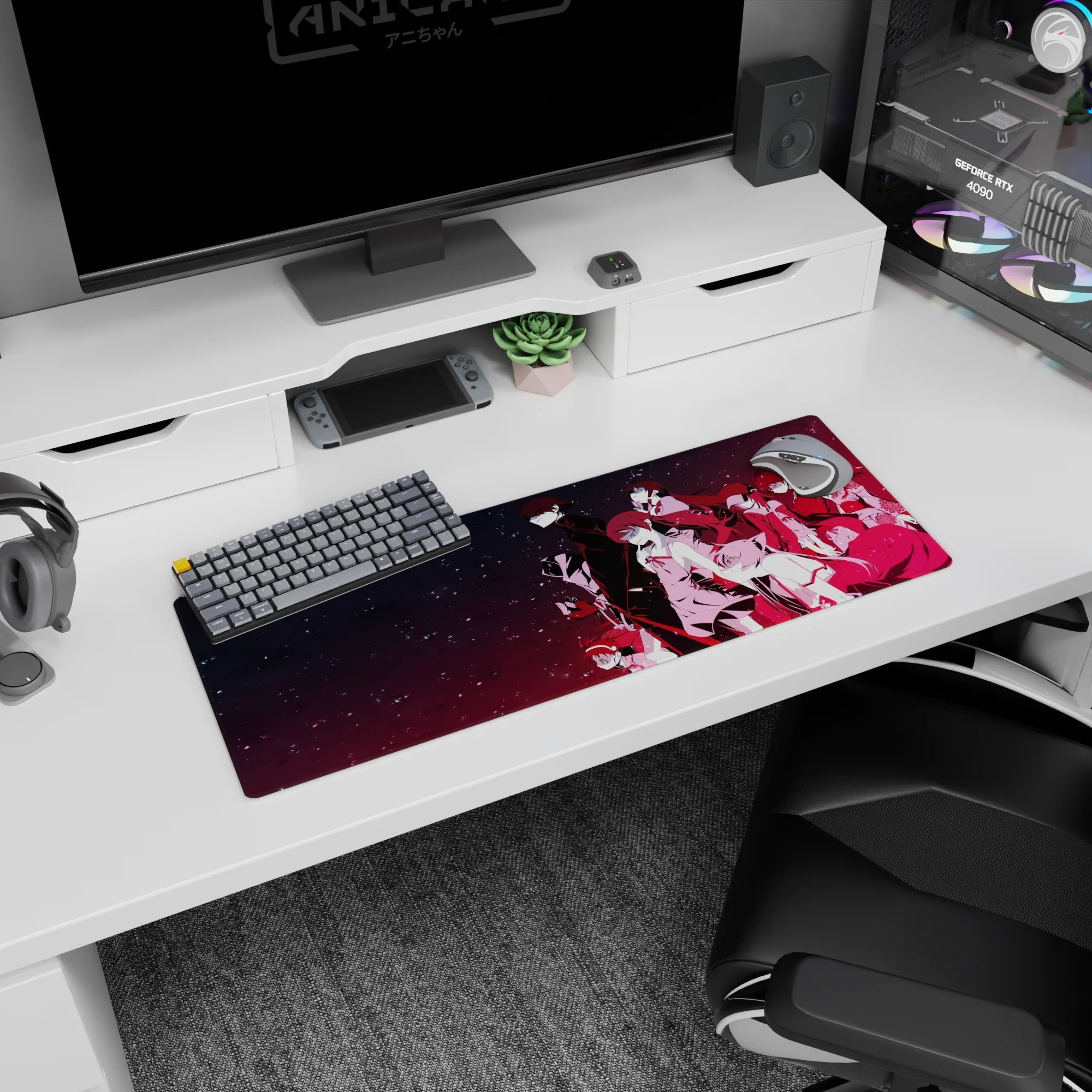 Anime mouse pad 32x12 inches with sleek-uniform crew posed in a star-dusted neon void.