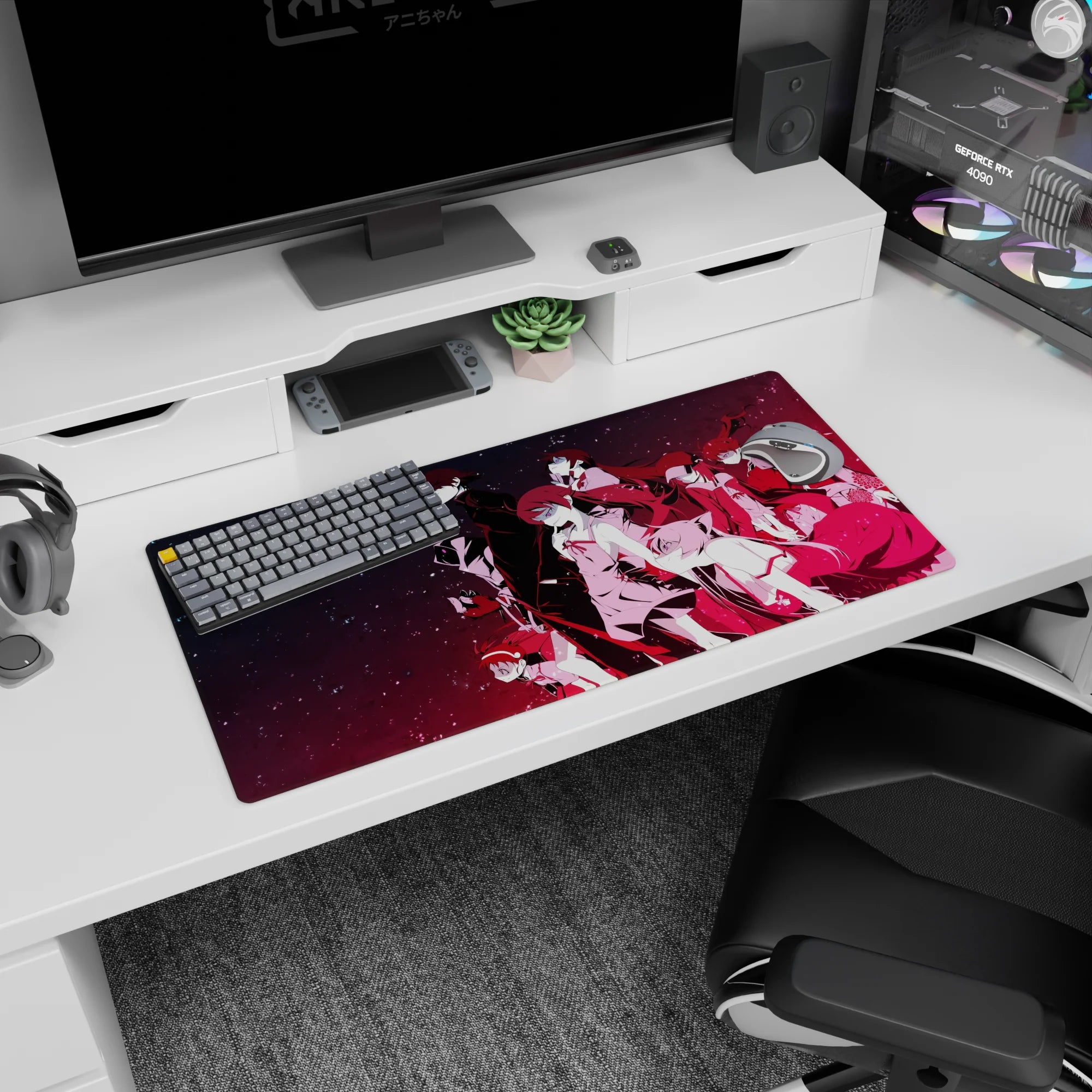 32x16 inches anime mouse pad showing a quiet crew in crisp coats and ribbons posing in a starry void.