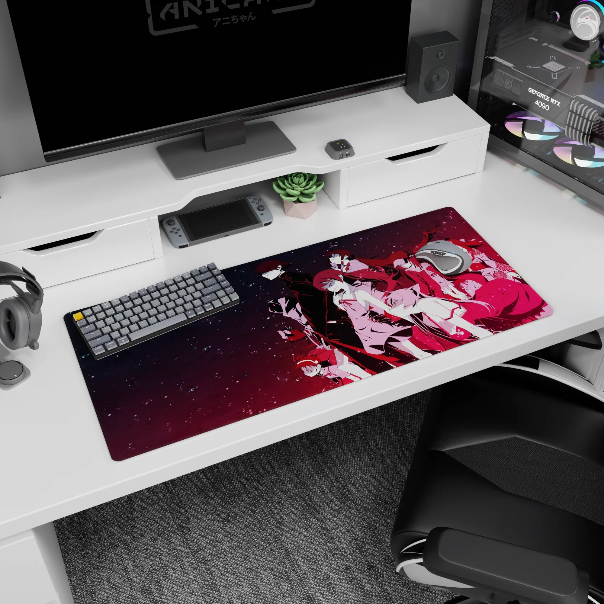 Lineup of calm anime characters in crisp uniforms under neon stars on a 36x16 inches desk pad.