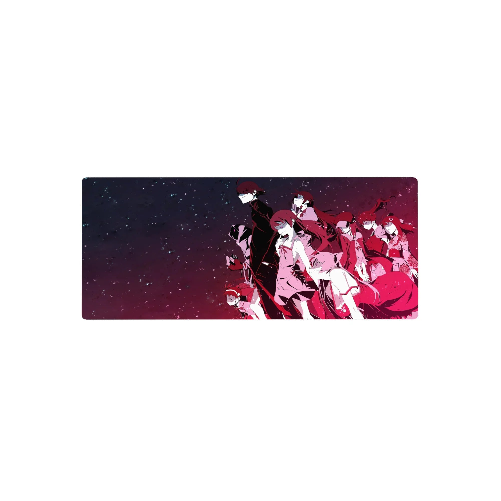 Anime mouse pad 28x12 inches with sharp silhouettes, flowing hair, uniforms, ribbons, and sleek coats.