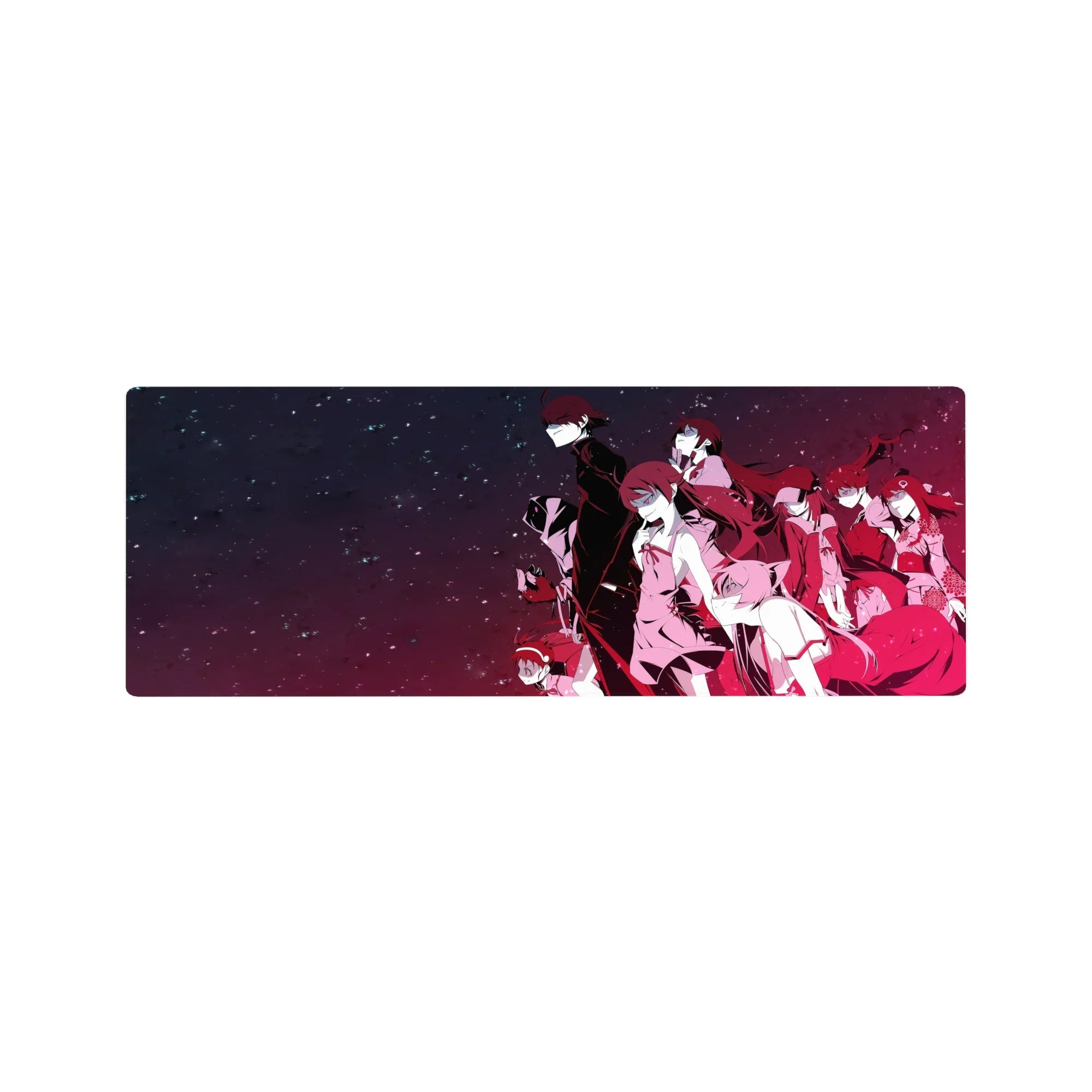 Anime mouse pad 32x12 inches featuring neon-night lineup of sharp silhouettes and flowing hair.