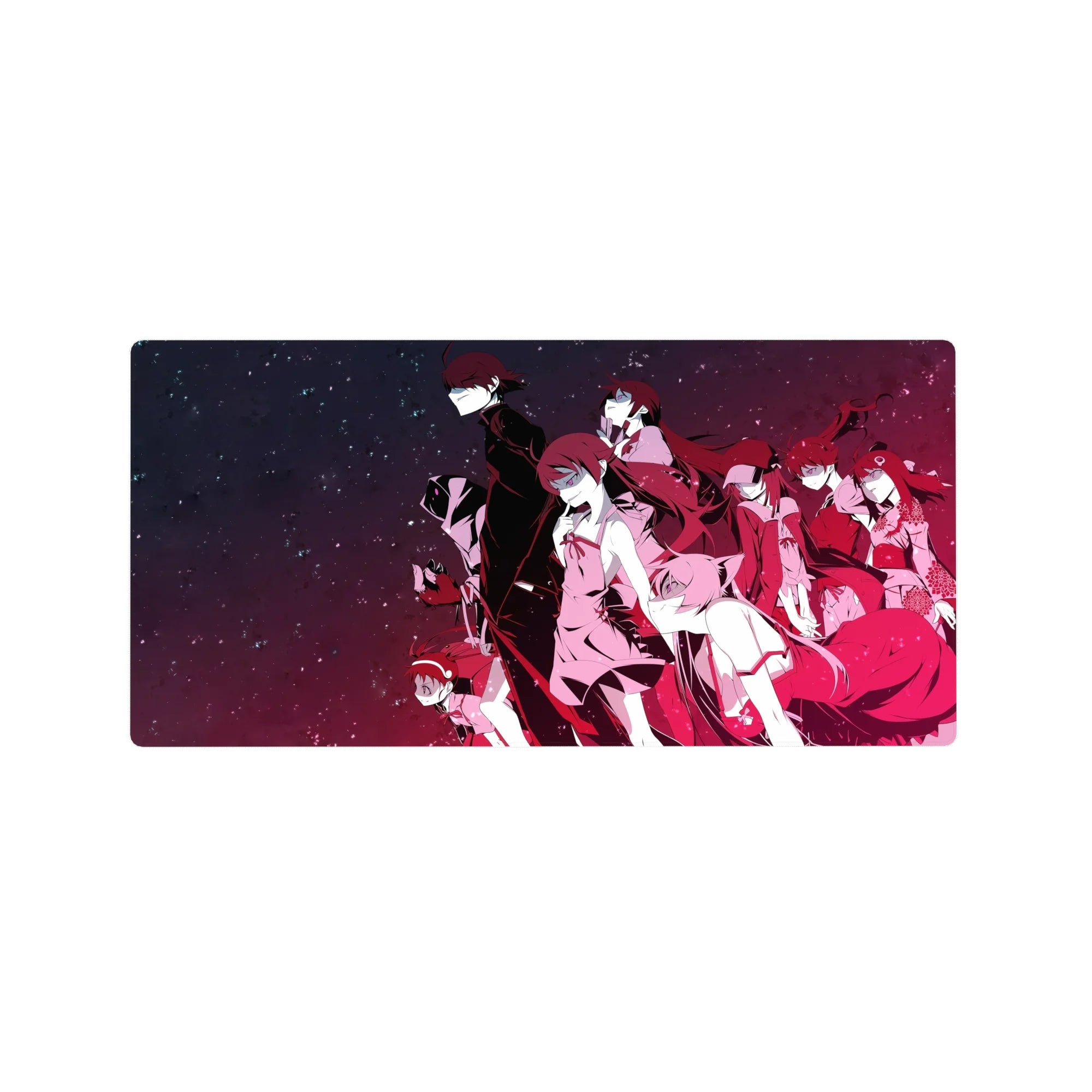 32x16 inches anime mouse pad with neon-night lineup, sharp uniforms, flowing hair, star-dusted backdrop.