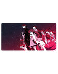 32x16 inches anime mouse pad with neon-night lineup, sharp uniforms, flowing hair, star-dusted backdrop.