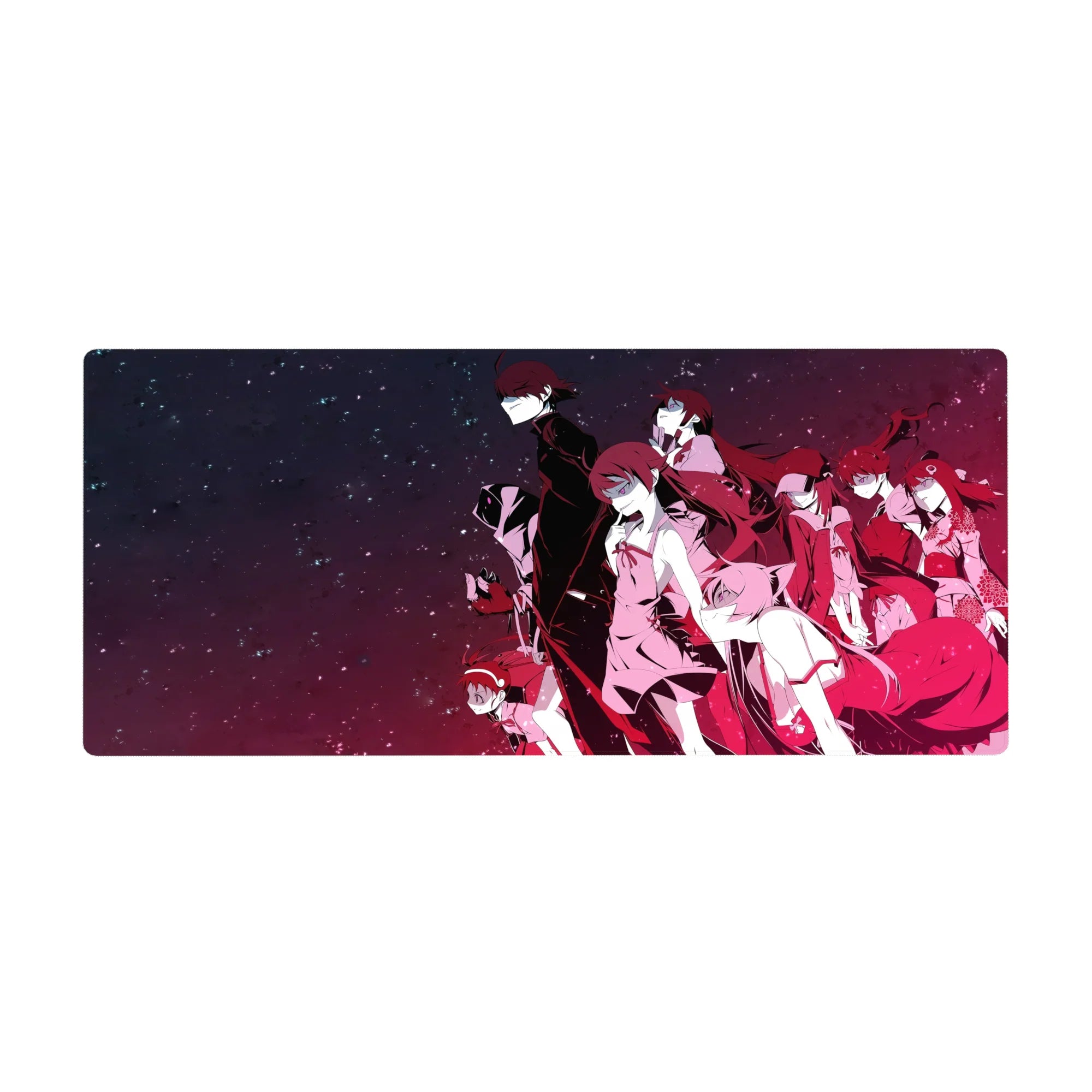 Anime desk pad 36x16 inches with sharp silhouettes, flowing hair, uniforms, ribbons, and sleek coats.