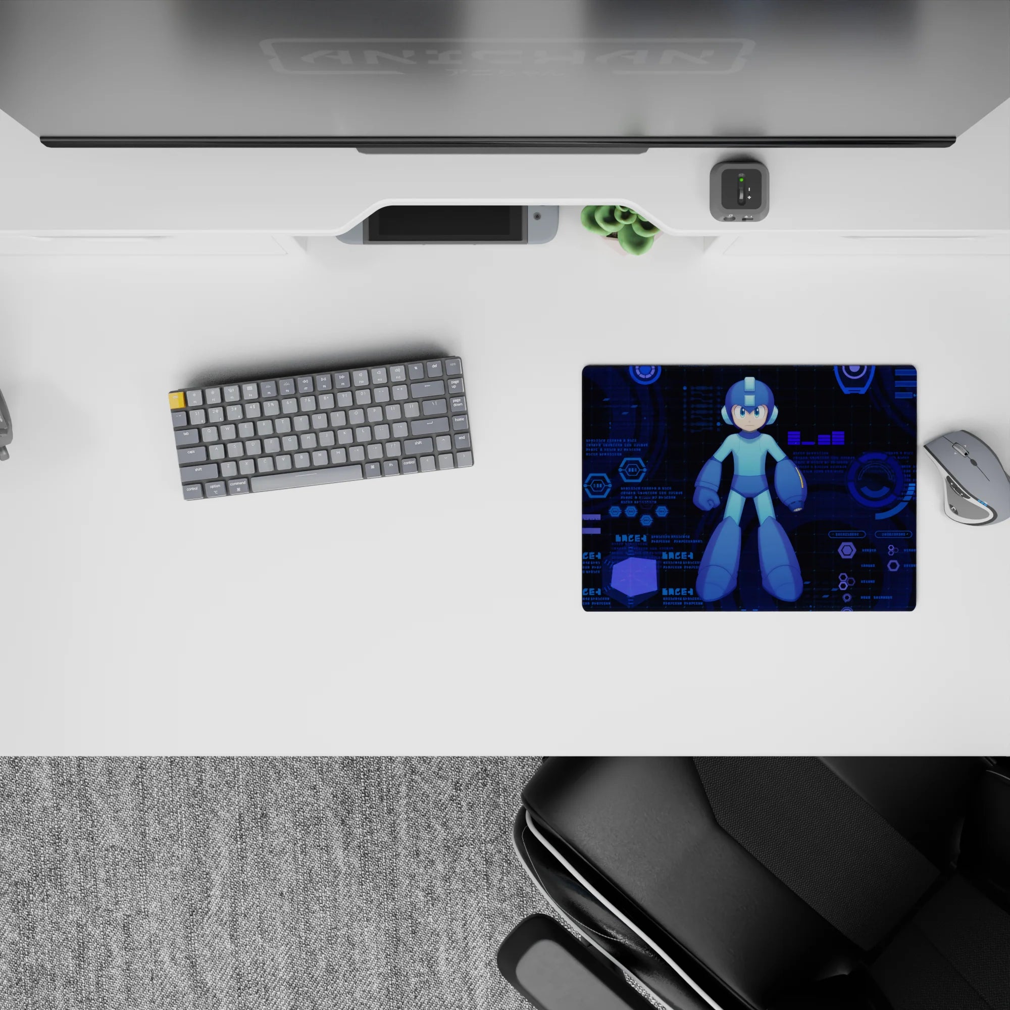 Cool blue and cyan on deep navy classic anime mouse pad 14x10 inches, calm focus late-night vibe.