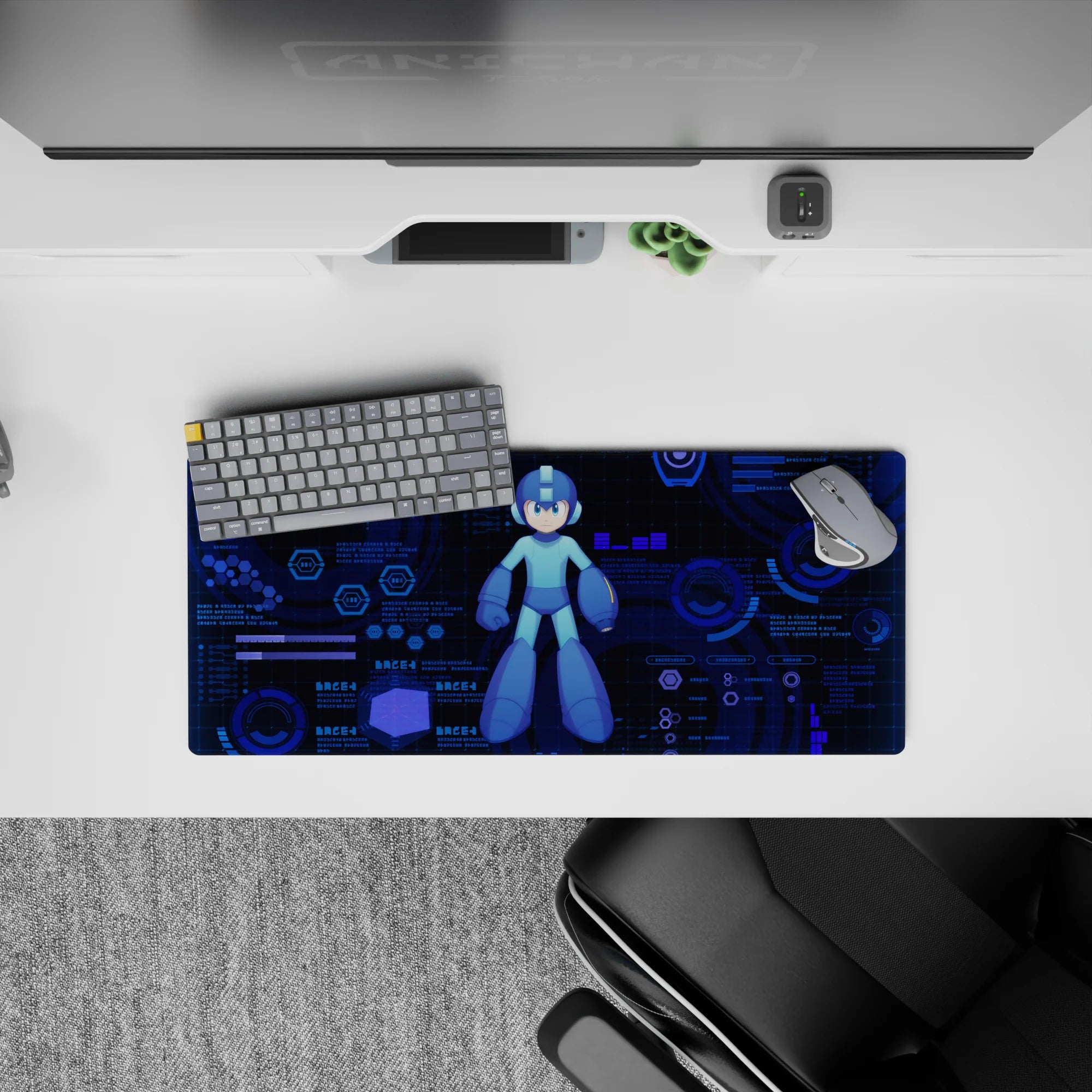 28x12 inches anime mouse pad in deep navy with cool cyan blues, neon glow accents, and calm focus vibe.