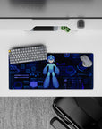 28x12 inches anime mouse pad in deep navy with cool cyan blues, neon glow accents, and calm focus vibe.