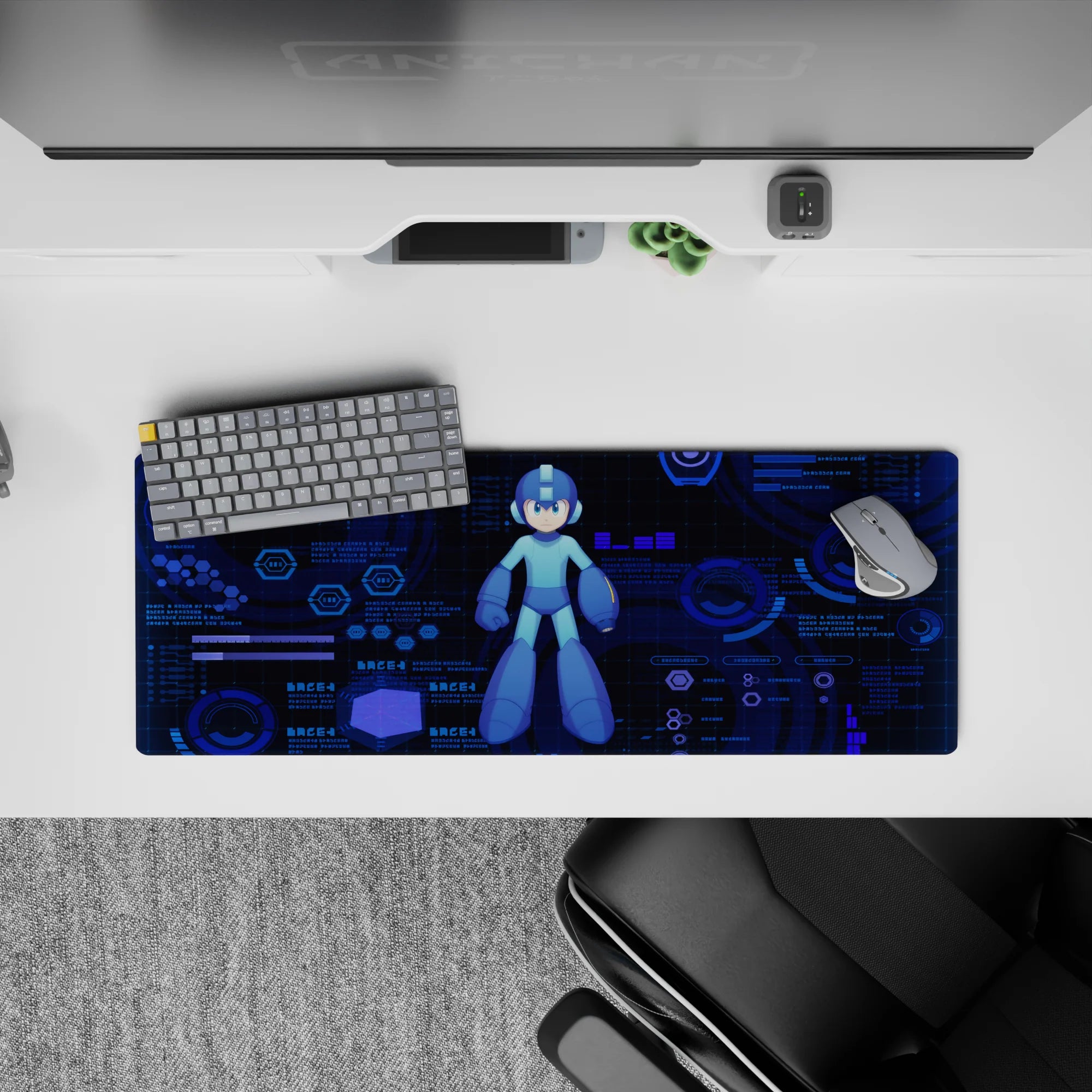 32x12 inches anime mouse pad in deep navy with cyan and neon blue glow for calm, focused late-night gaming.