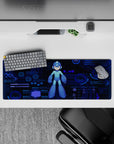 32x12 inches anime mouse pad in deep navy with cyan and neon blue glow for calm, focused late-night gaming.