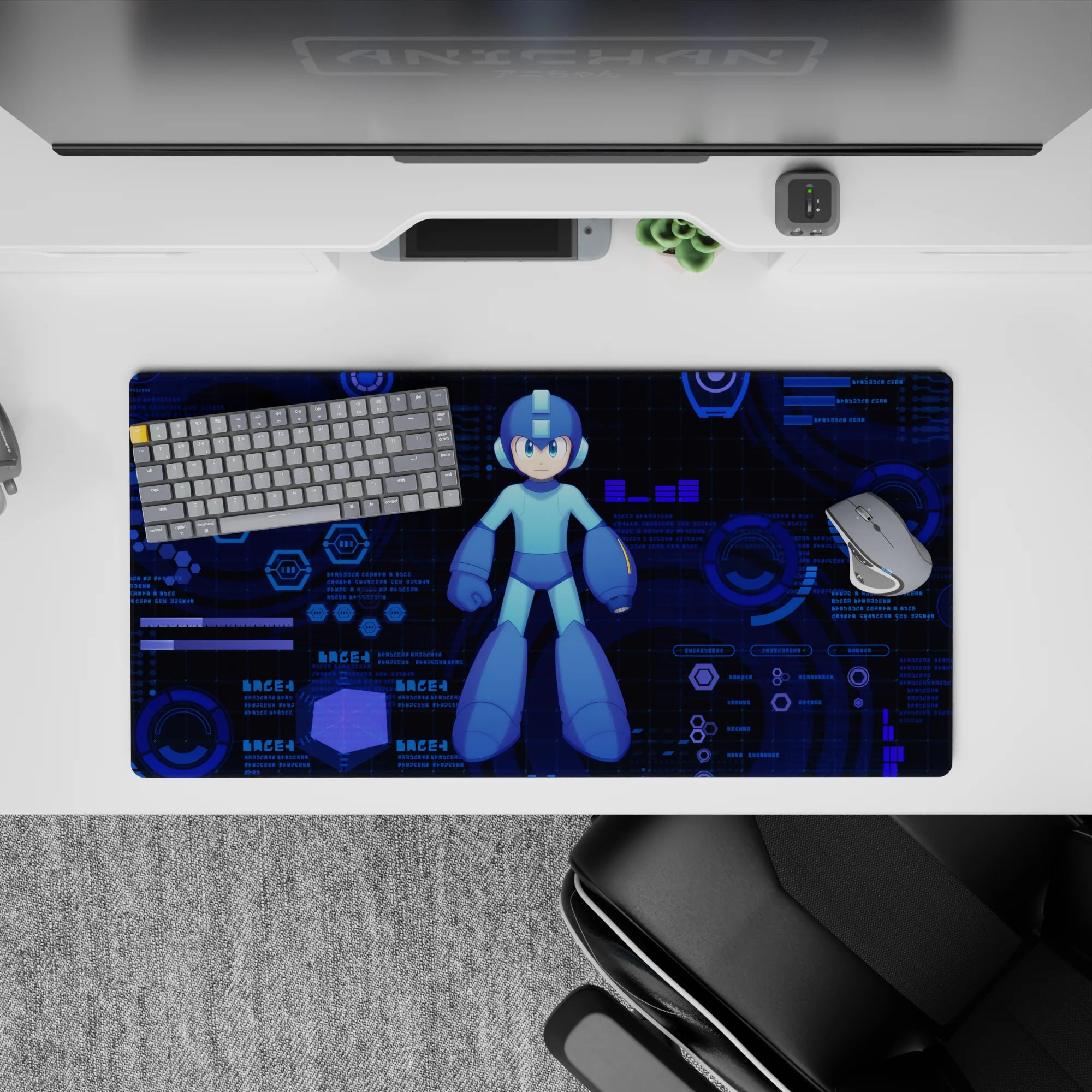 32x16 inches anime mouse pad in deep navy with cyan glow, cool blues, and calming neon tech interface vibe.
