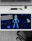 32x16 inches anime mouse pad in deep navy with cyan glow, cool blues, and calming neon tech interface vibe.