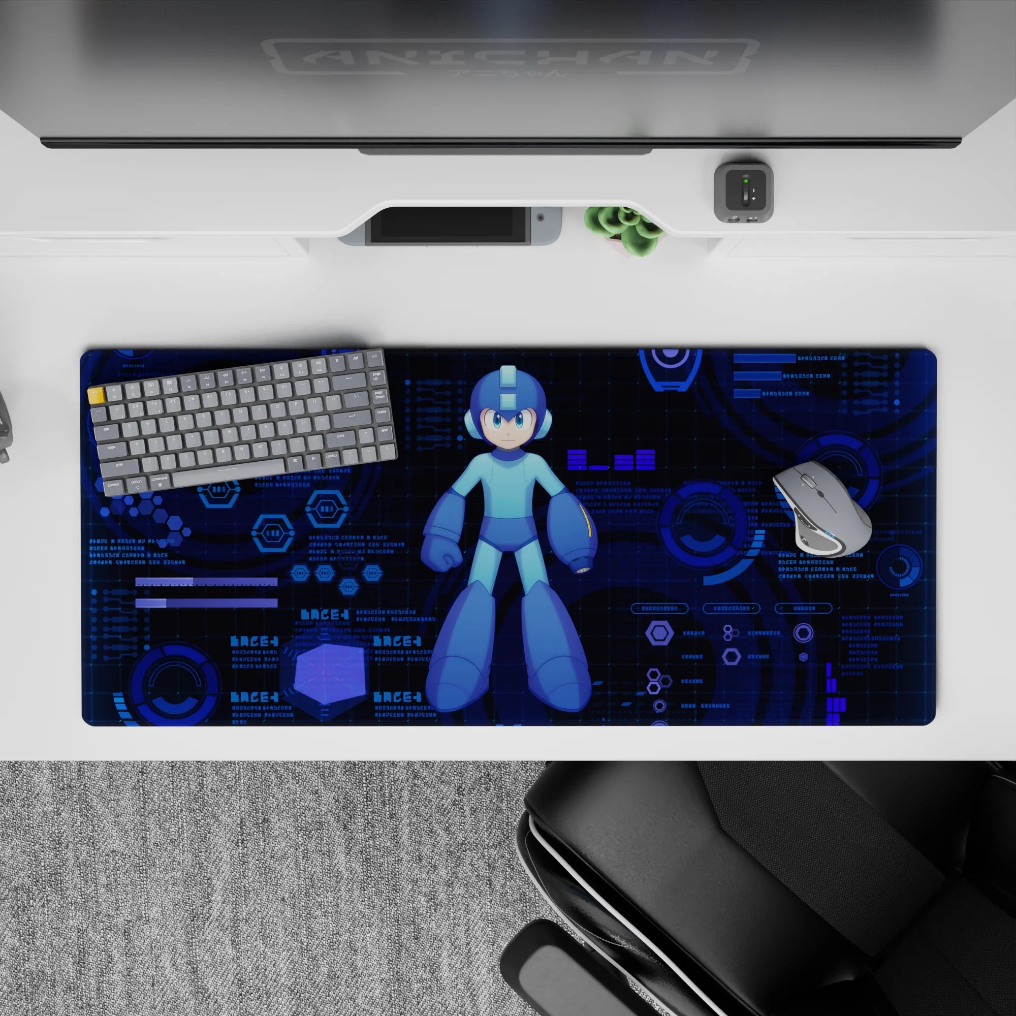 Deep navy and cyan anime desk pad 36x16 inches, calm neon command-screen vibe for gaming.