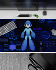 Navy and cyan anime desk pad 40x20 inches, cool blue tones with calm futuristic command-screen vibe.