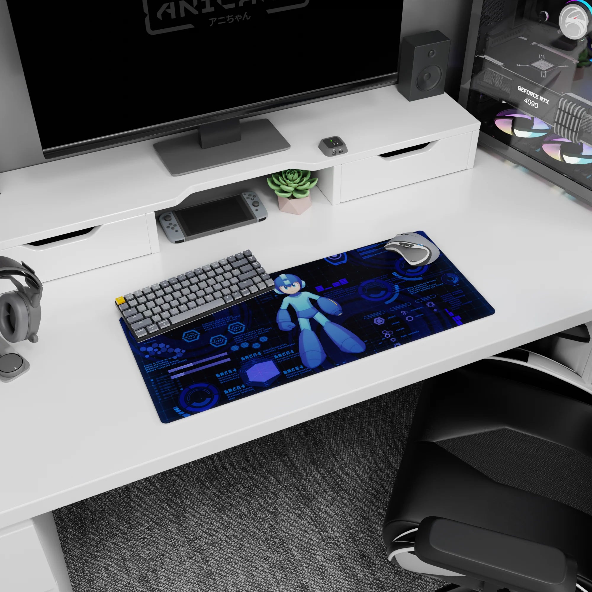28x12 inches Mega Man anime mouse pad featuring him centered in blue helmet with glowing HUD rings behind.