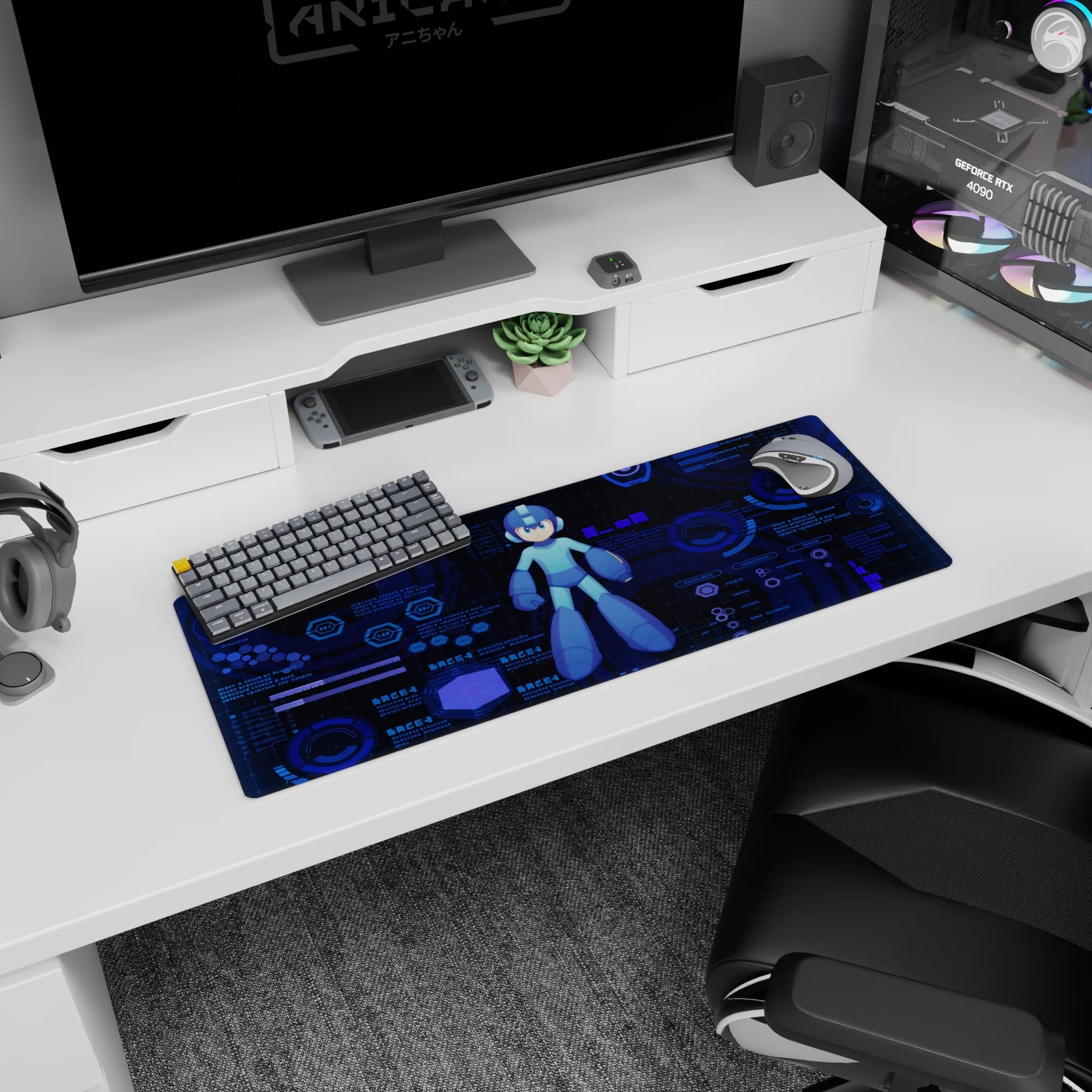 32x12 inches Mega Man mouse pad with him centered in blue helmet, framed by neon HUD rings and data text.