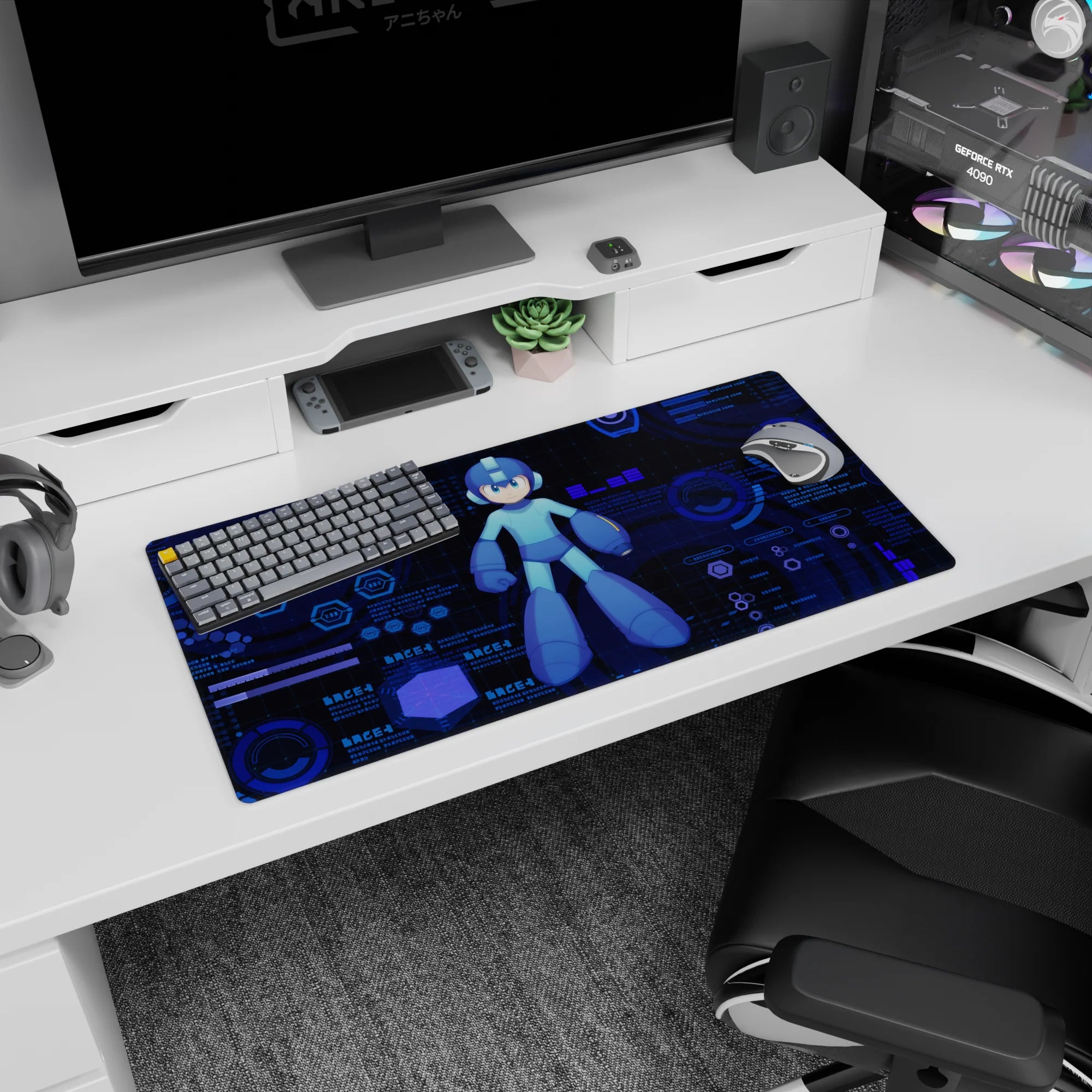 32x16 inches anime mouse pad featuring Mega Man centered in blue helmet armor with pulsing HUD rings behind.