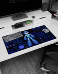 32x16 inches anime mouse pad featuring Mega Man centered in blue helmet armor with pulsing HUD rings behind.