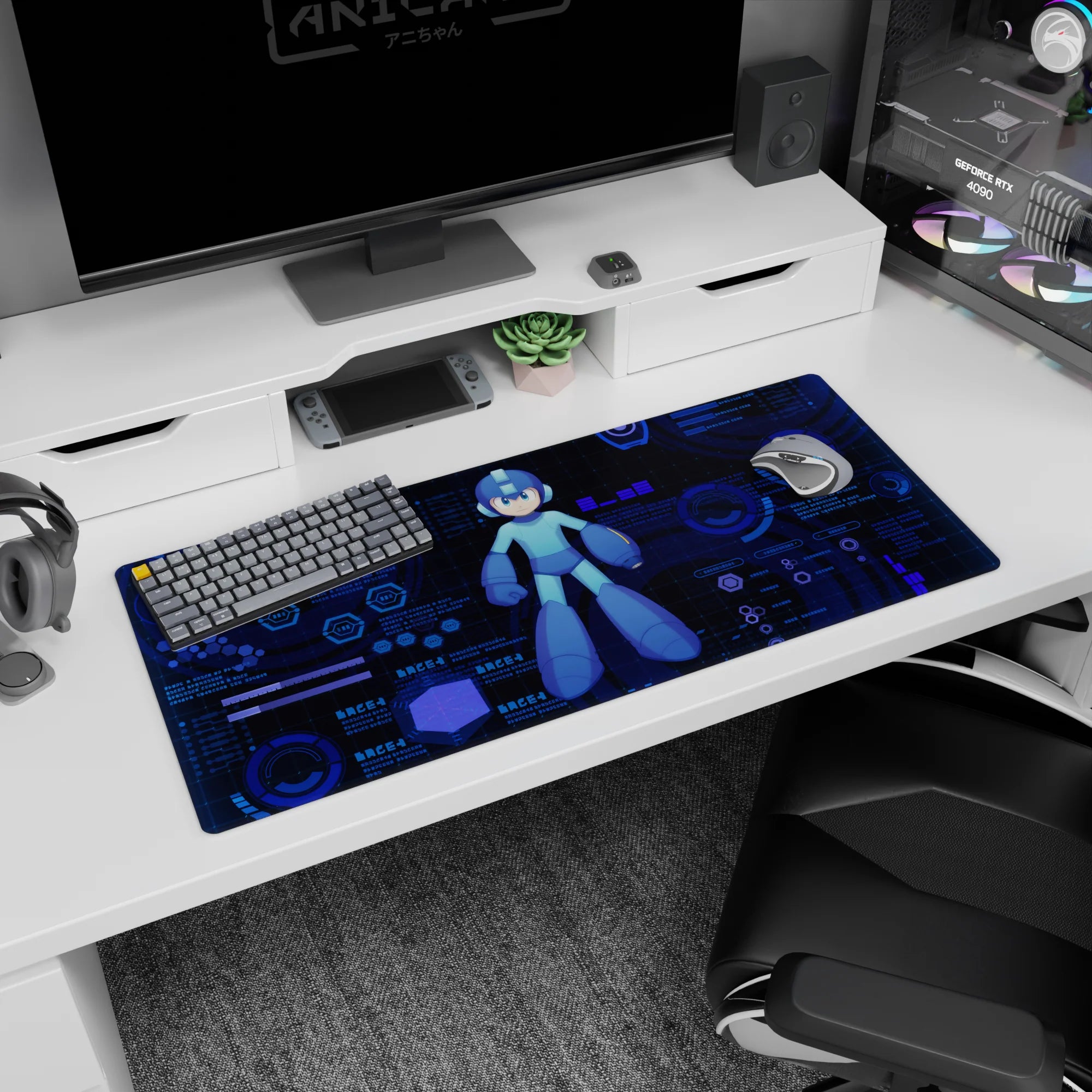Mega Man anime desk pad 36x16 inches, blue helmeted hero centered with glowing HUD rings behind.
