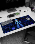 Mega Man anime desk pad 36x16 inches, blue helmeted hero centered with glowing HUD rings behind.