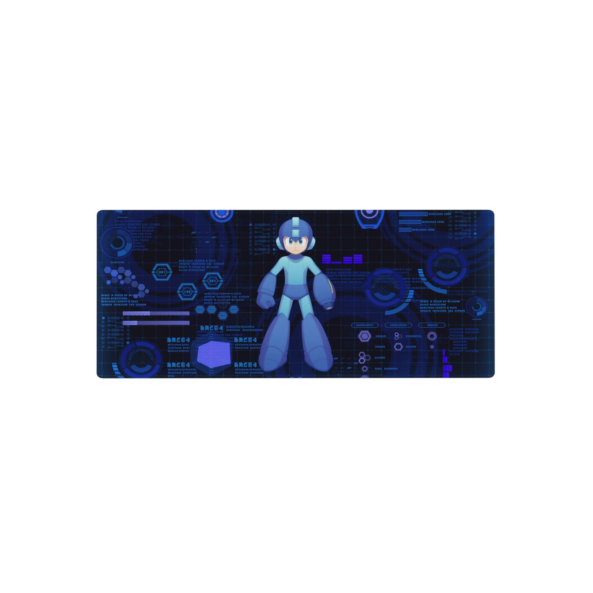 28x12 inches anime mouse pad with sci-fi HUD rings, hex grid panels, and sleek command screen layout.