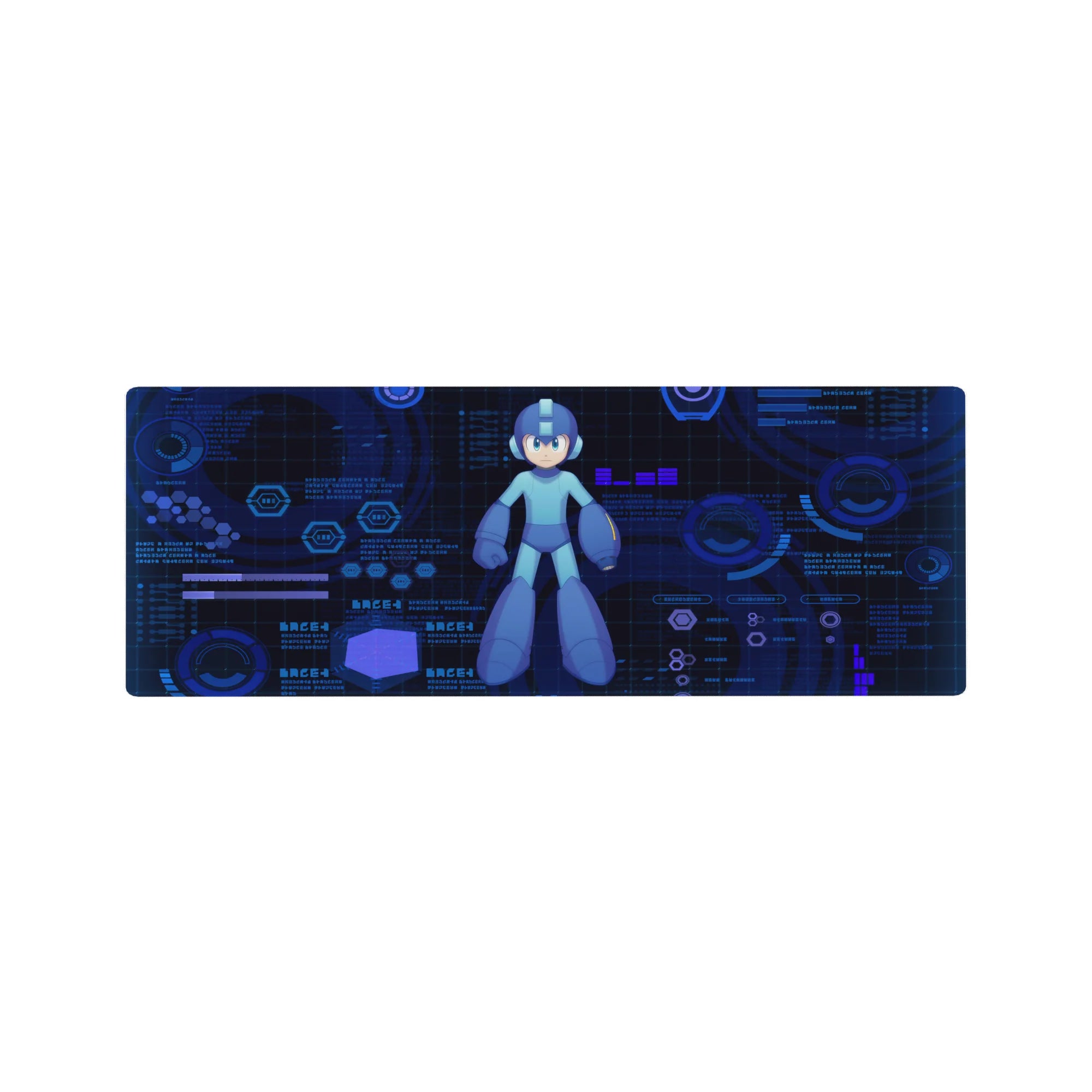 32x12 inches anime mouse pad with sci-fi HUD rings, hex grid panels, and clean command-screen layout.