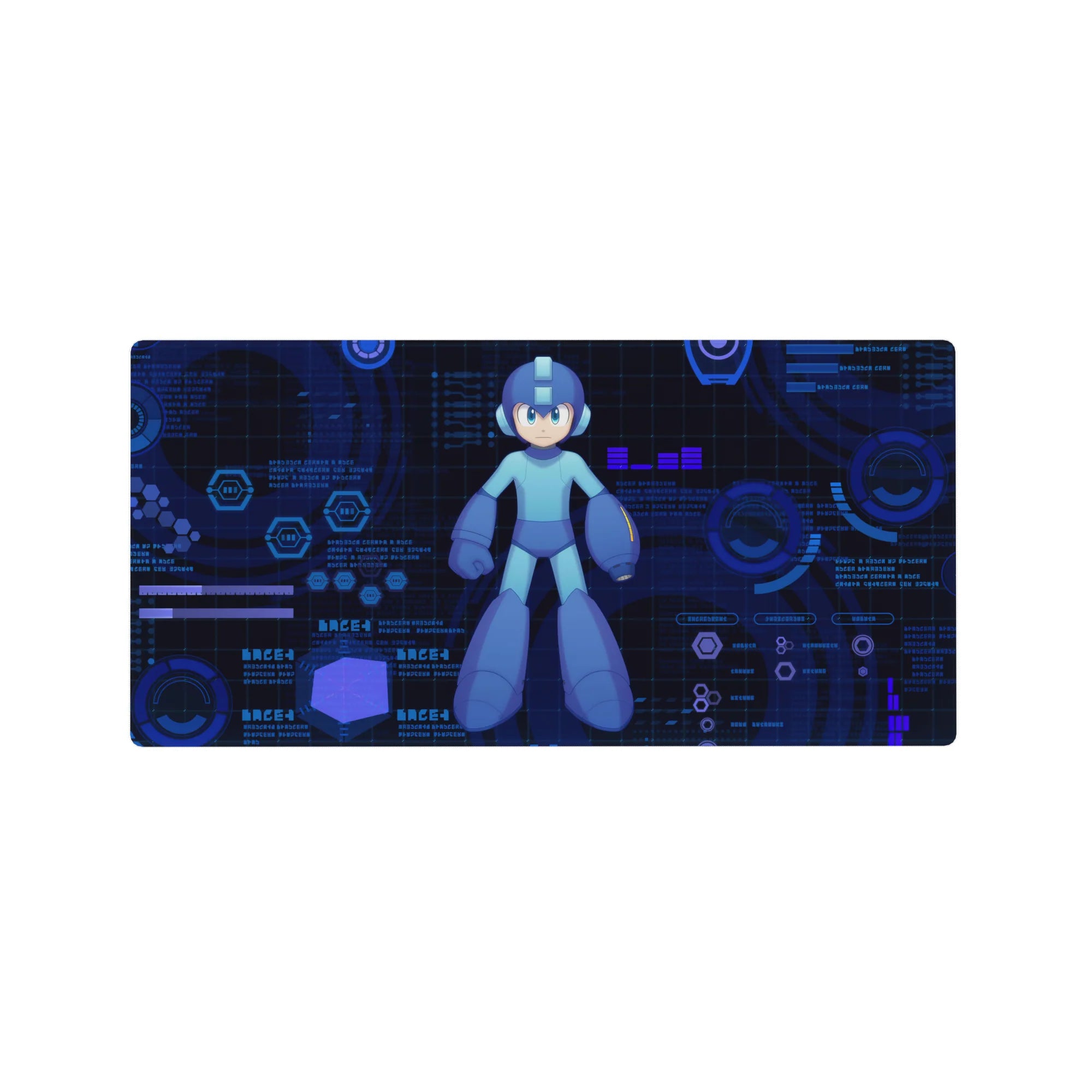 32x16 inches anime mouse pad with Mega Man sci-fi HUD rings, hex grid panels, and crisp command screen layout.