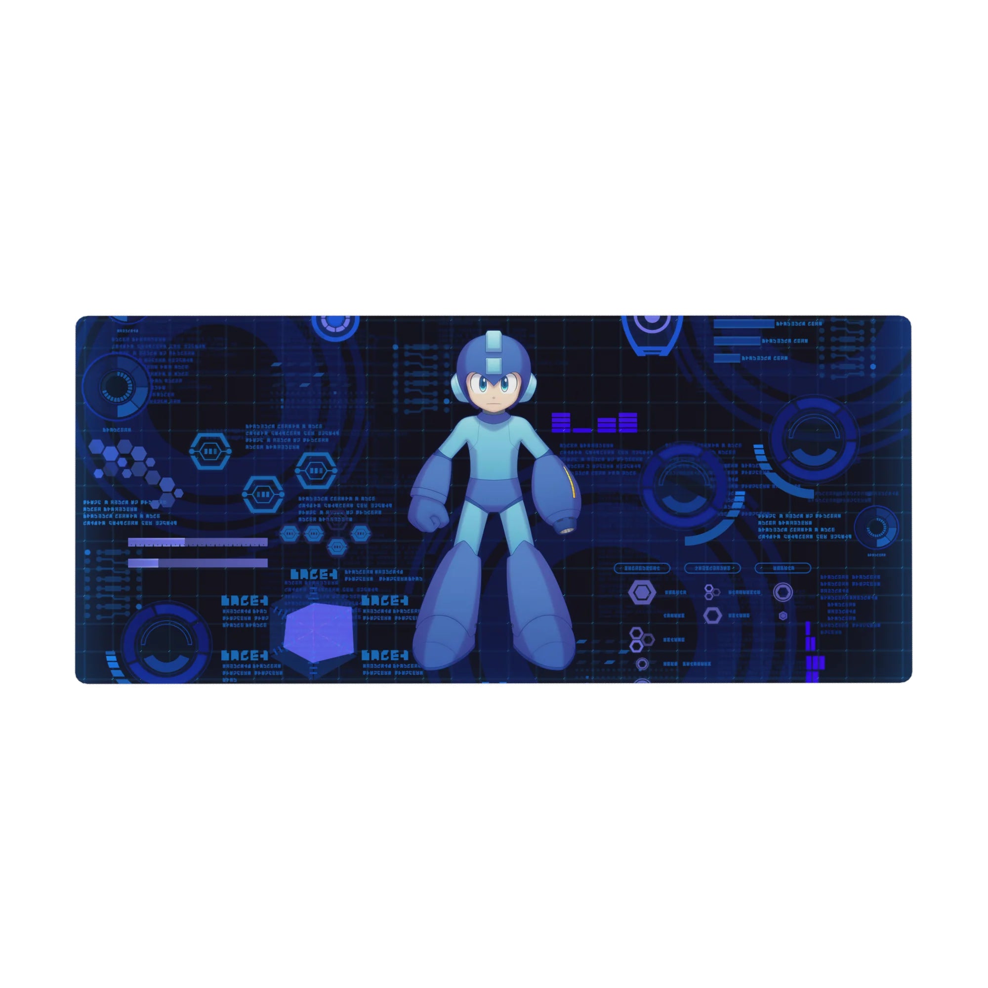 Sci-fi HUD hex grid anime desk pad 36x16 inches with bold center hero and data panels.