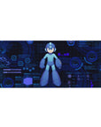 Sci-fi HUD hex grid anime desk pad 36x16 inches with bold center hero and data panels.