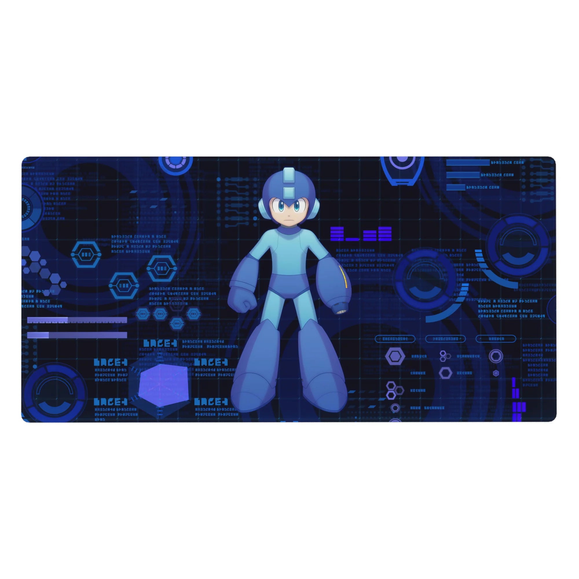 Sci-fi anime desk pad 40x20 inches with neon HUD rings, hex grid, and glowing data panels.